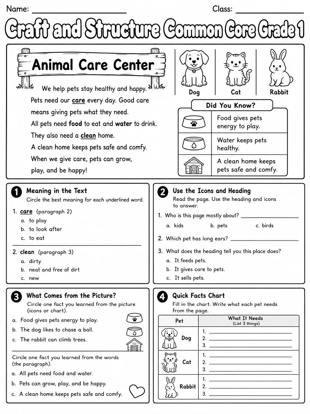 Craft and Structure Common Core Grade 1 page 6 printable Common Core ELA worksheet preview
