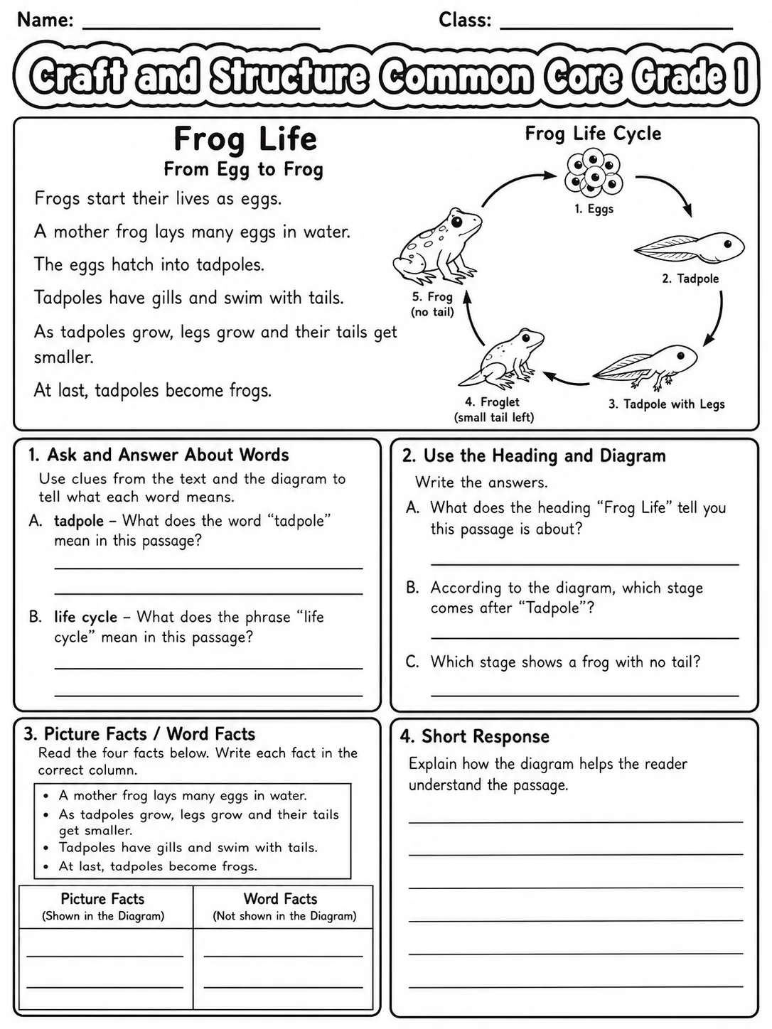 Craft and Structure Common Core Grade 1 page 7 printable Common Core ELA worksheet preview