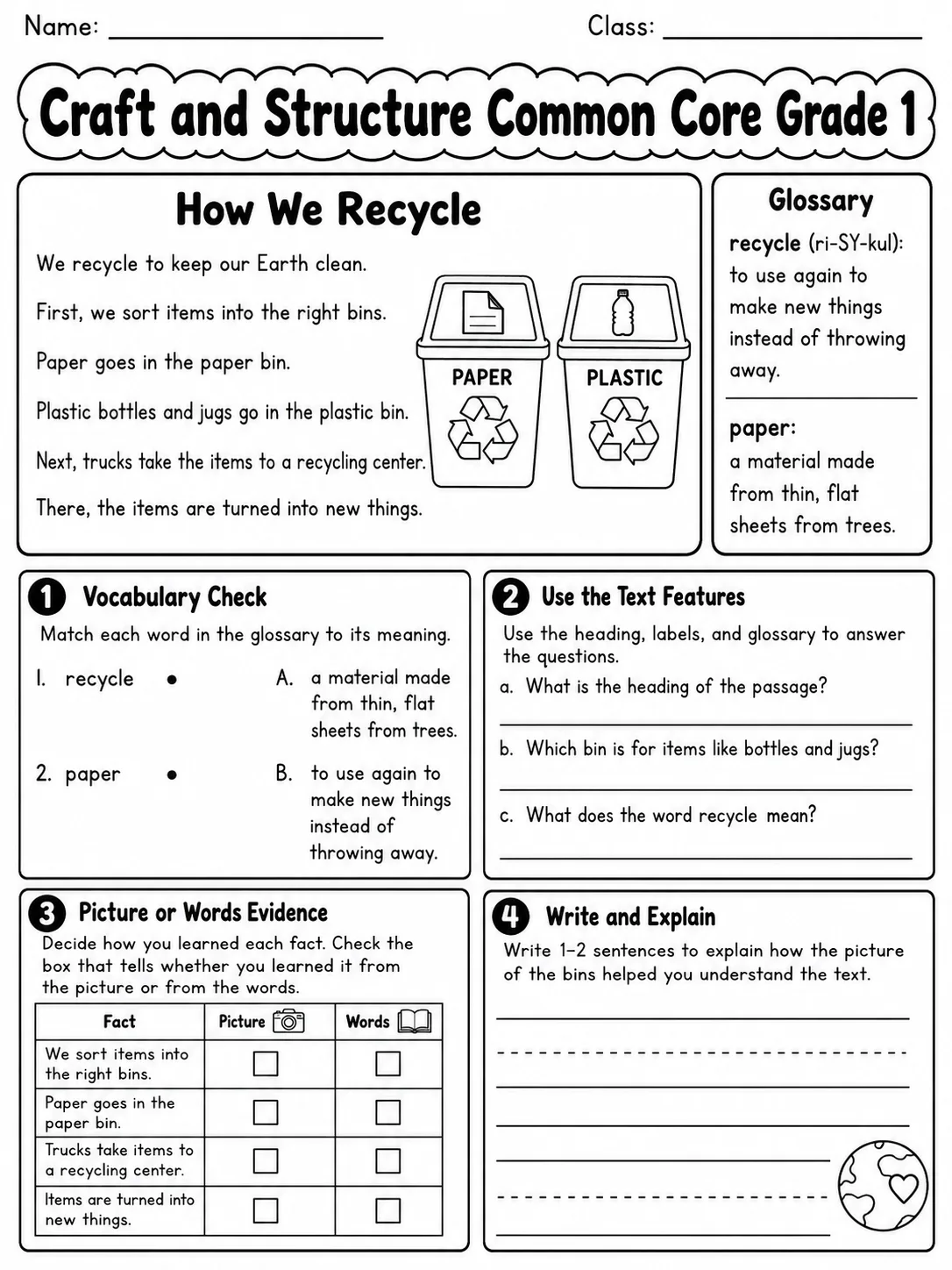 Craft and Structure Common Core Grade 1 page 9 printable Common Core ELA worksheet preview