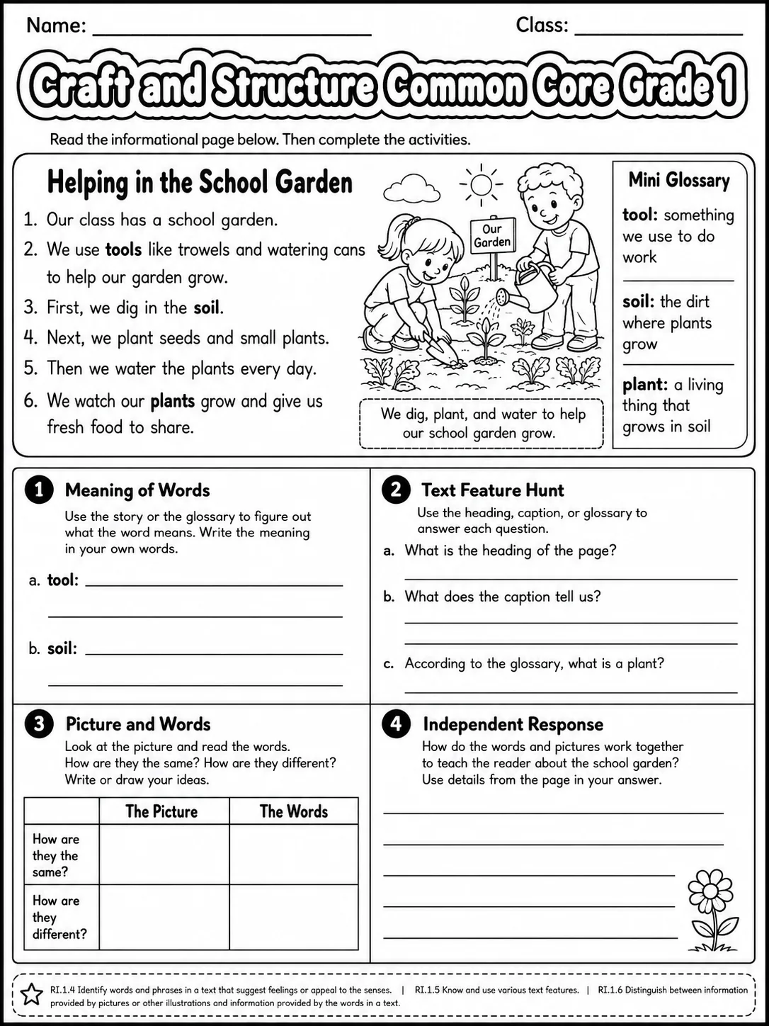 Craft and Structure Common Core Grade 1 page 10 printable Common Core ELA worksheet preview