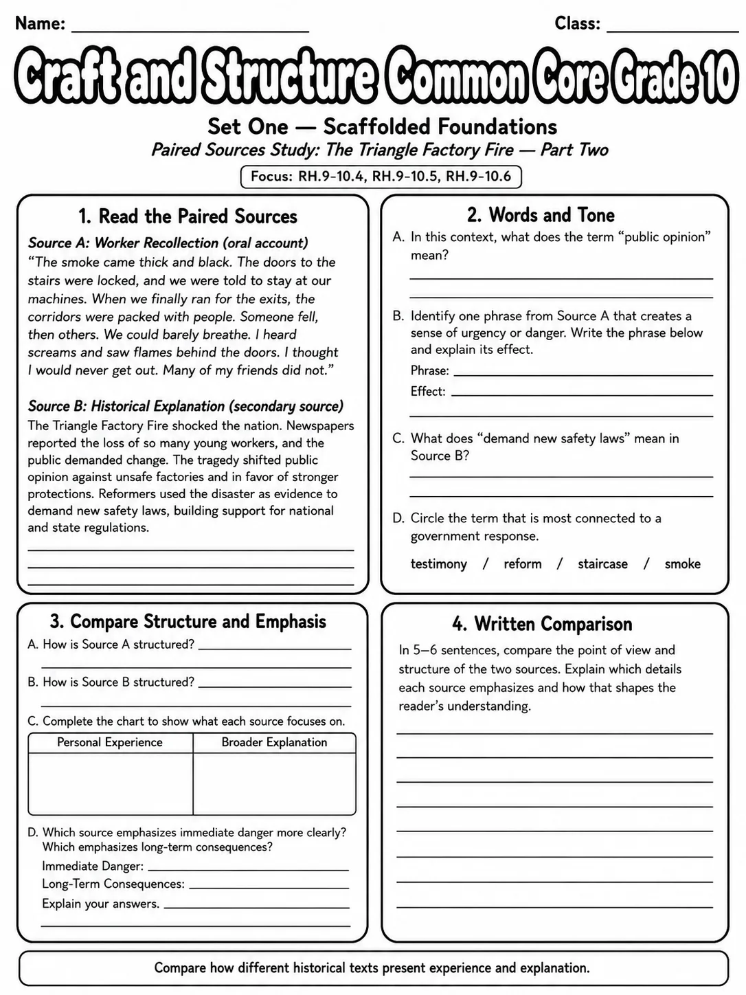 Craft and Structure Common Core Grade 10 page 2 printable Common Core ELA worksheet preview