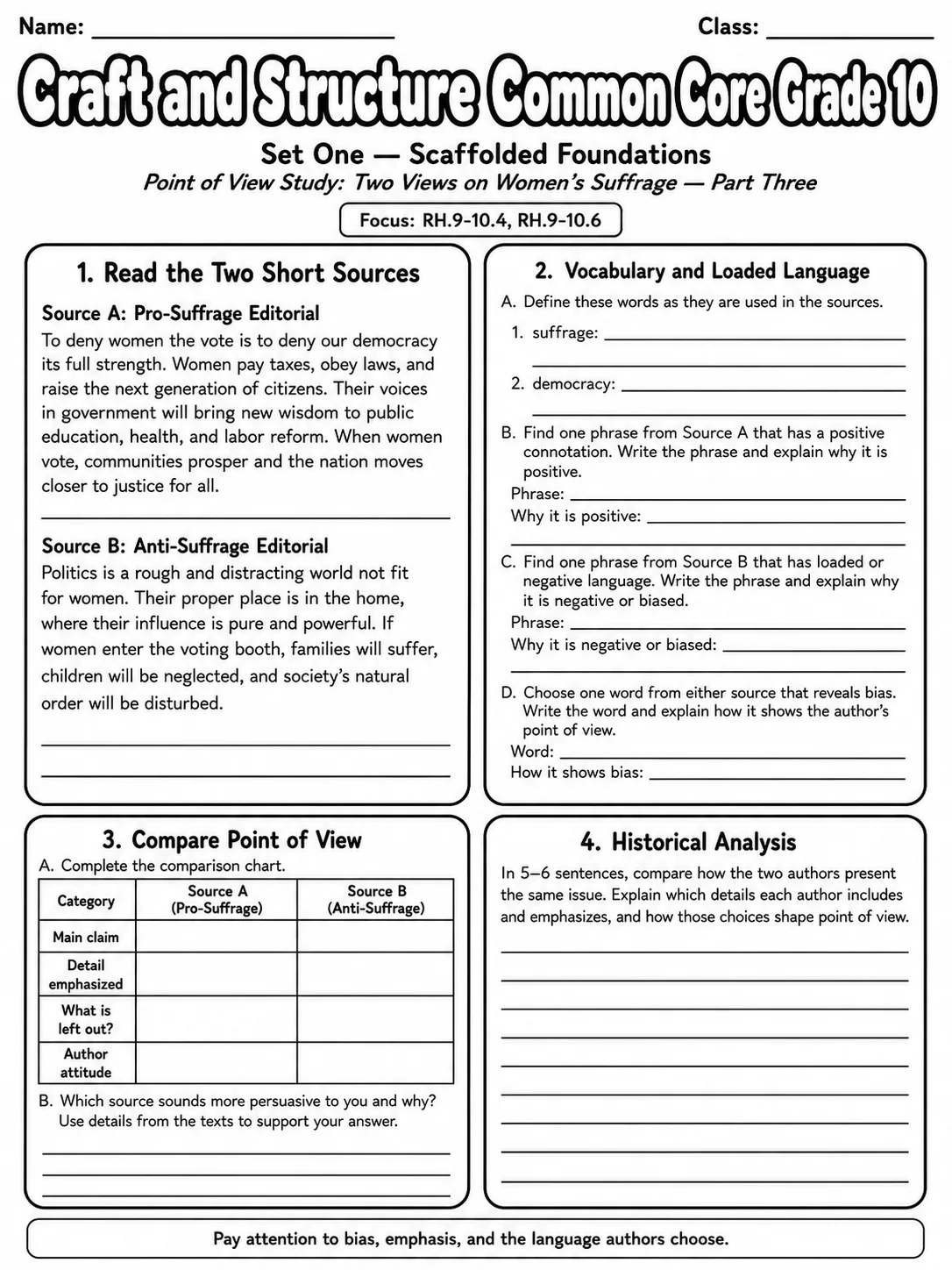 Craft and Structure Common Core Grade 10 page 3 printable Common Core ELA worksheet preview