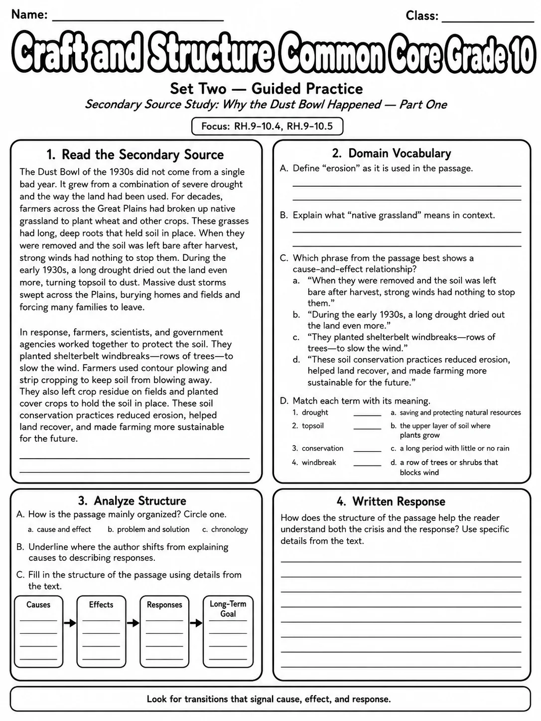 Craft and Structure Common Core Grade 10 page 4 printable Common Core ELA worksheet preview