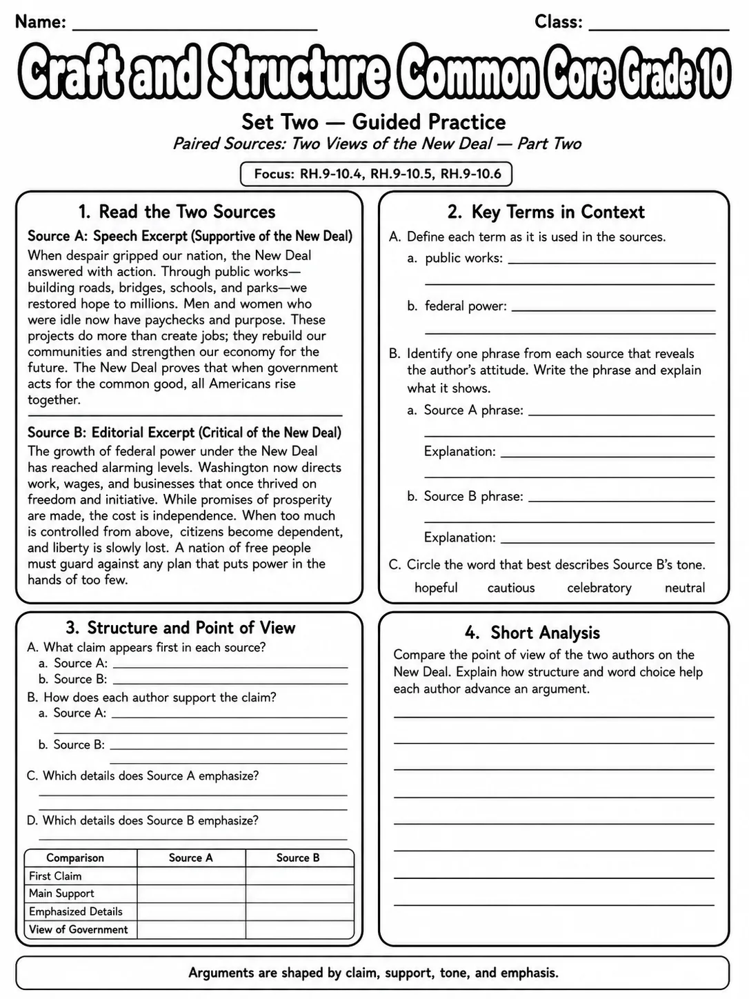 Craft and Structure Common Core Grade 10 page 5 printable Common Core ELA worksheet preview