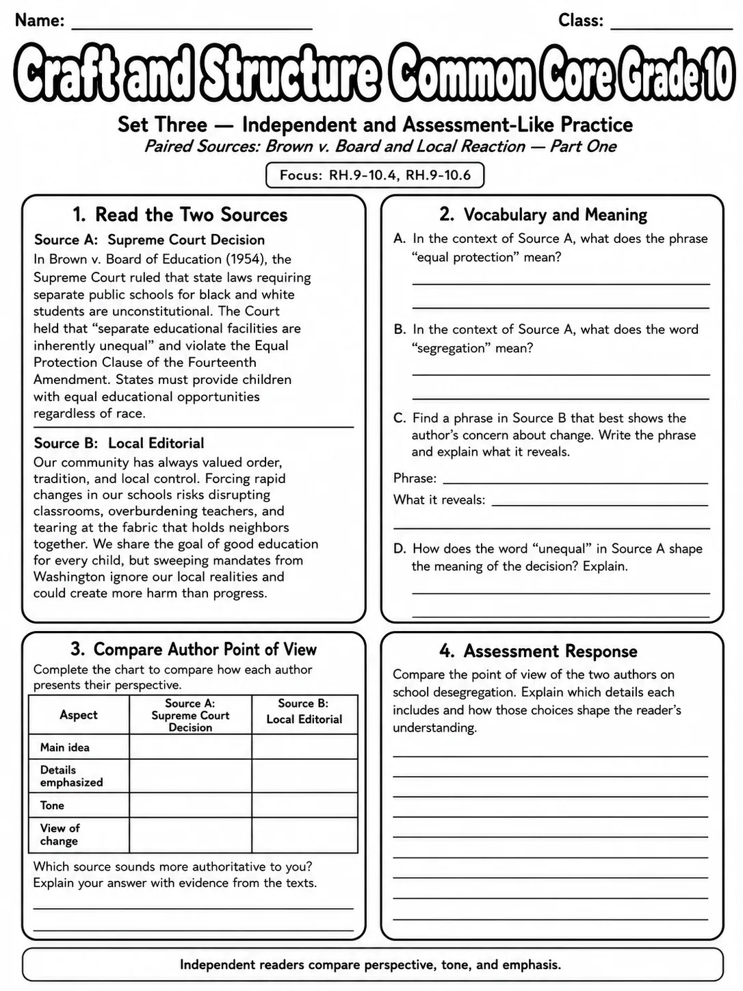 Craft and Structure Common Core Grade 10 page 7 printable Common Core ELA worksheet preview