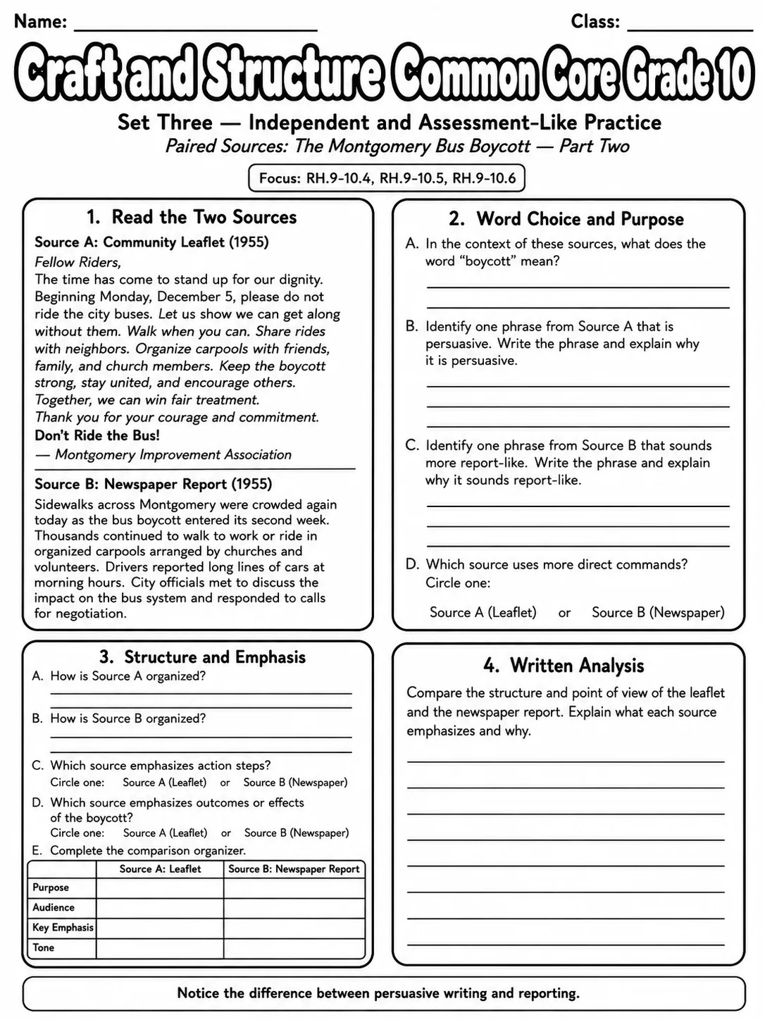 Craft and Structure Common Core Grade 10 page 8 printable Common Core ELA worksheet preview