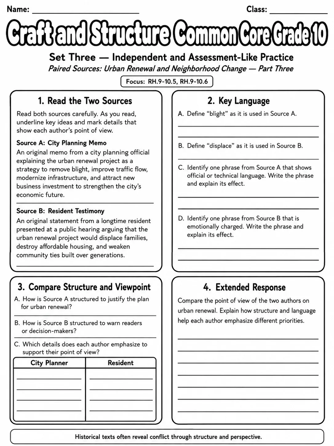 Craft and Structure Common Core Grade 10 page 9 printable Common Core ELA worksheet preview