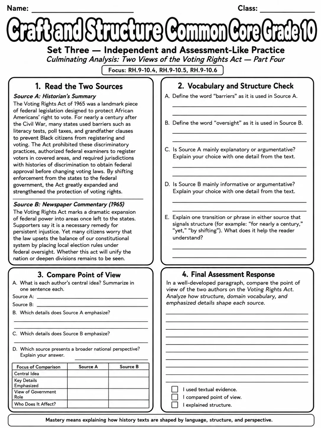 Craft and Structure Common Core Grade 10 page 10 printable Common Core ELA worksheet preview