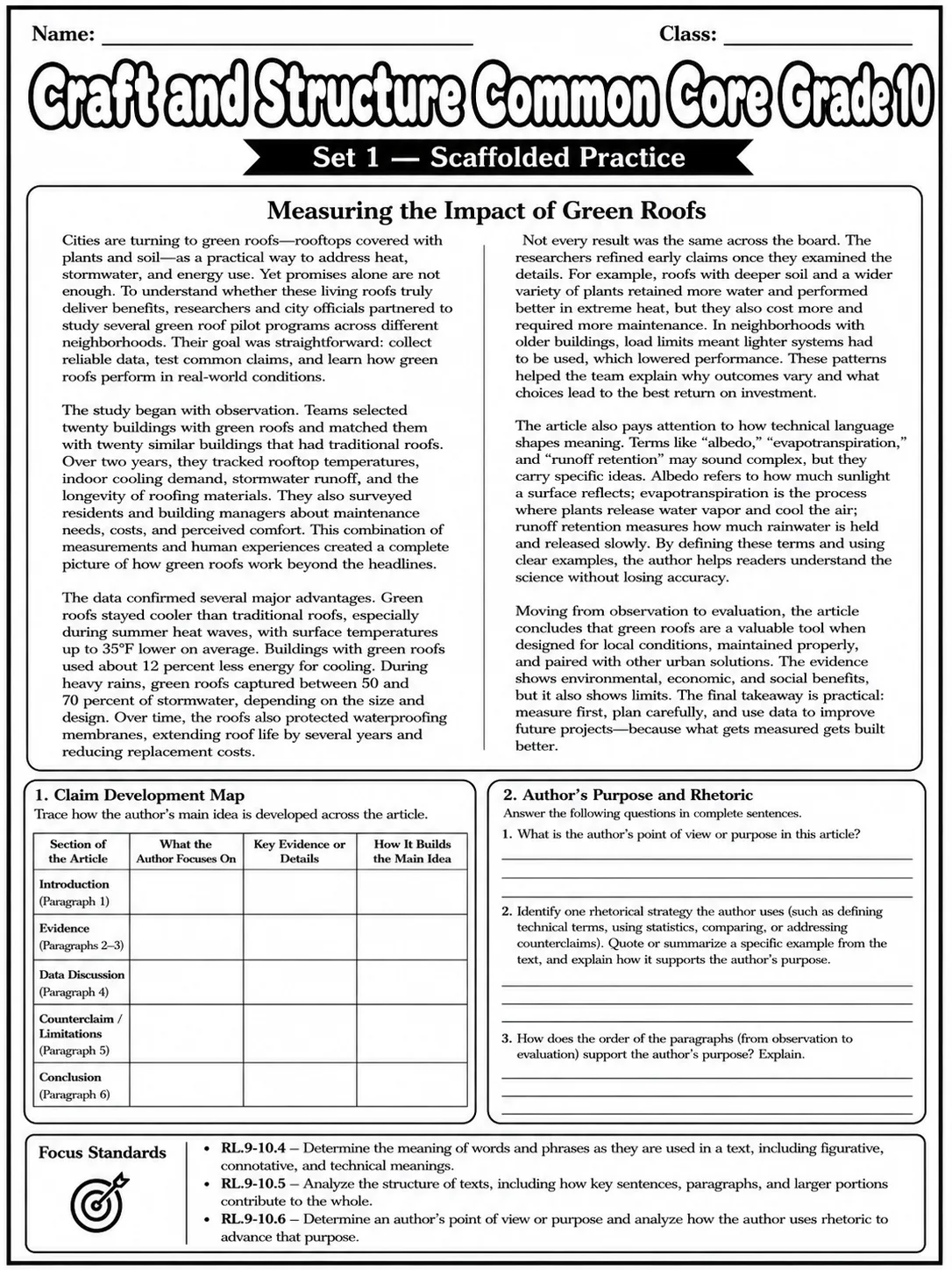Craft and Structure Common Core Grade 10 page 2 printable Common Core ELA worksheet preview