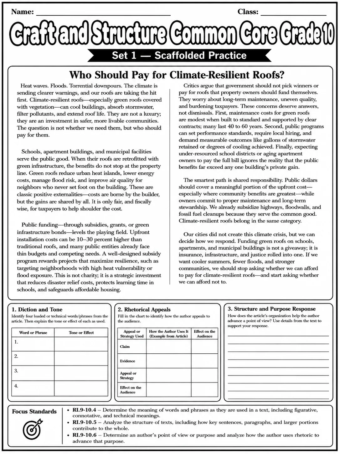 Craft and Structure Common Core Grade 10 page 3 printable Common Core ELA worksheet preview