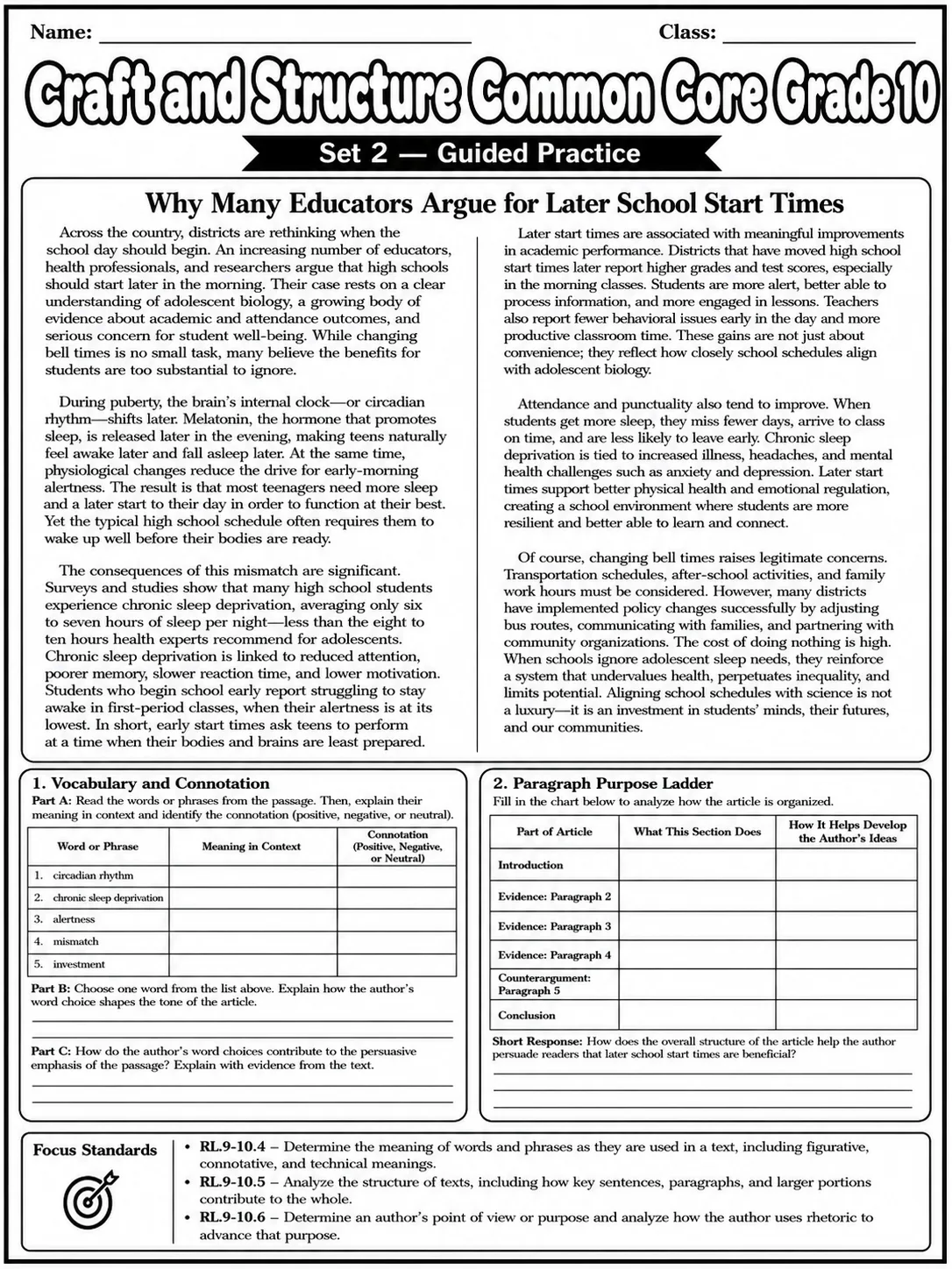 Craft and Structure Common Core Grade 10 page 4 printable Common Core ELA worksheet preview