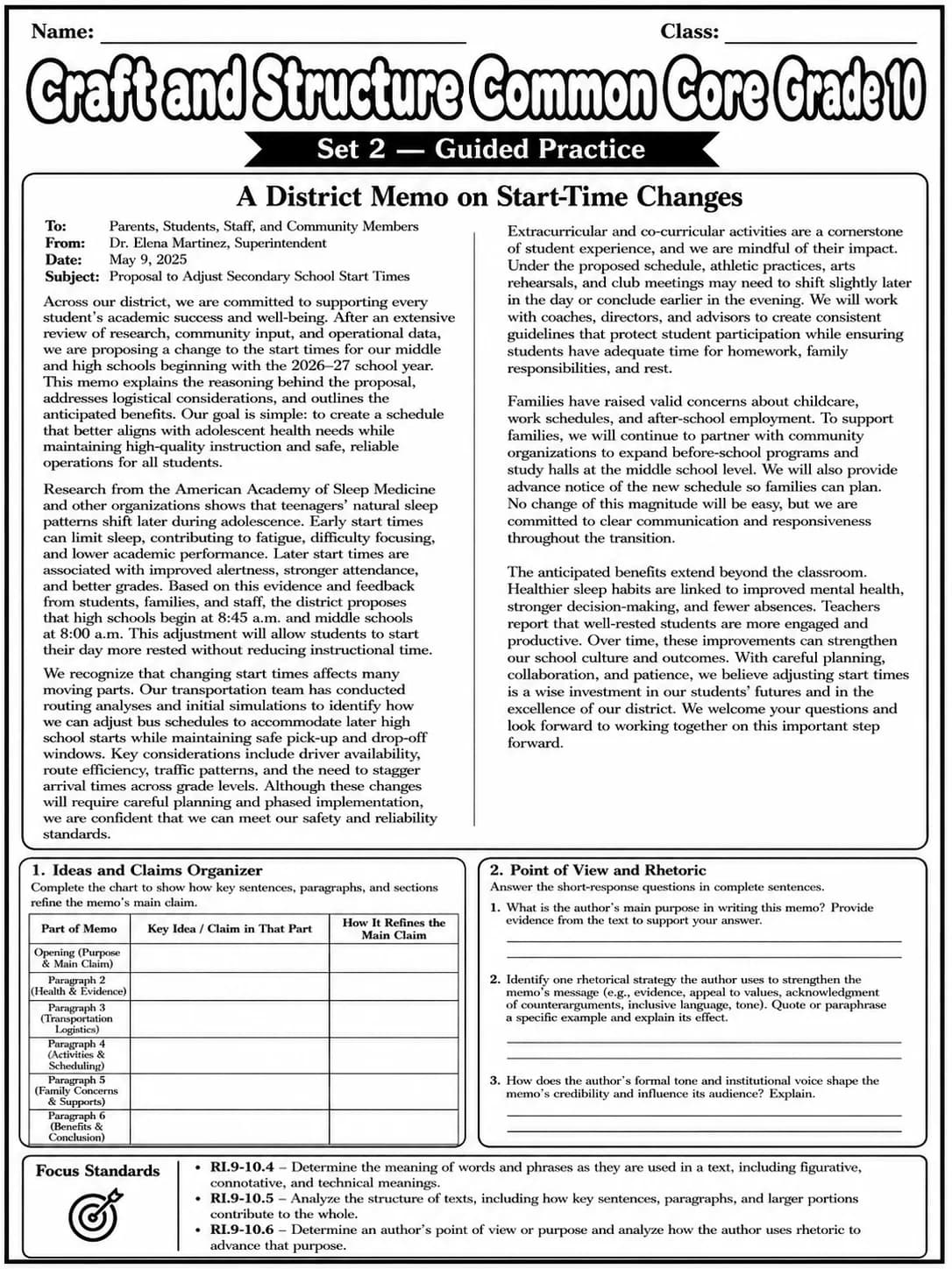 Craft and Structure Common Core Grade 10 page 5 printable Common Core ELA worksheet preview