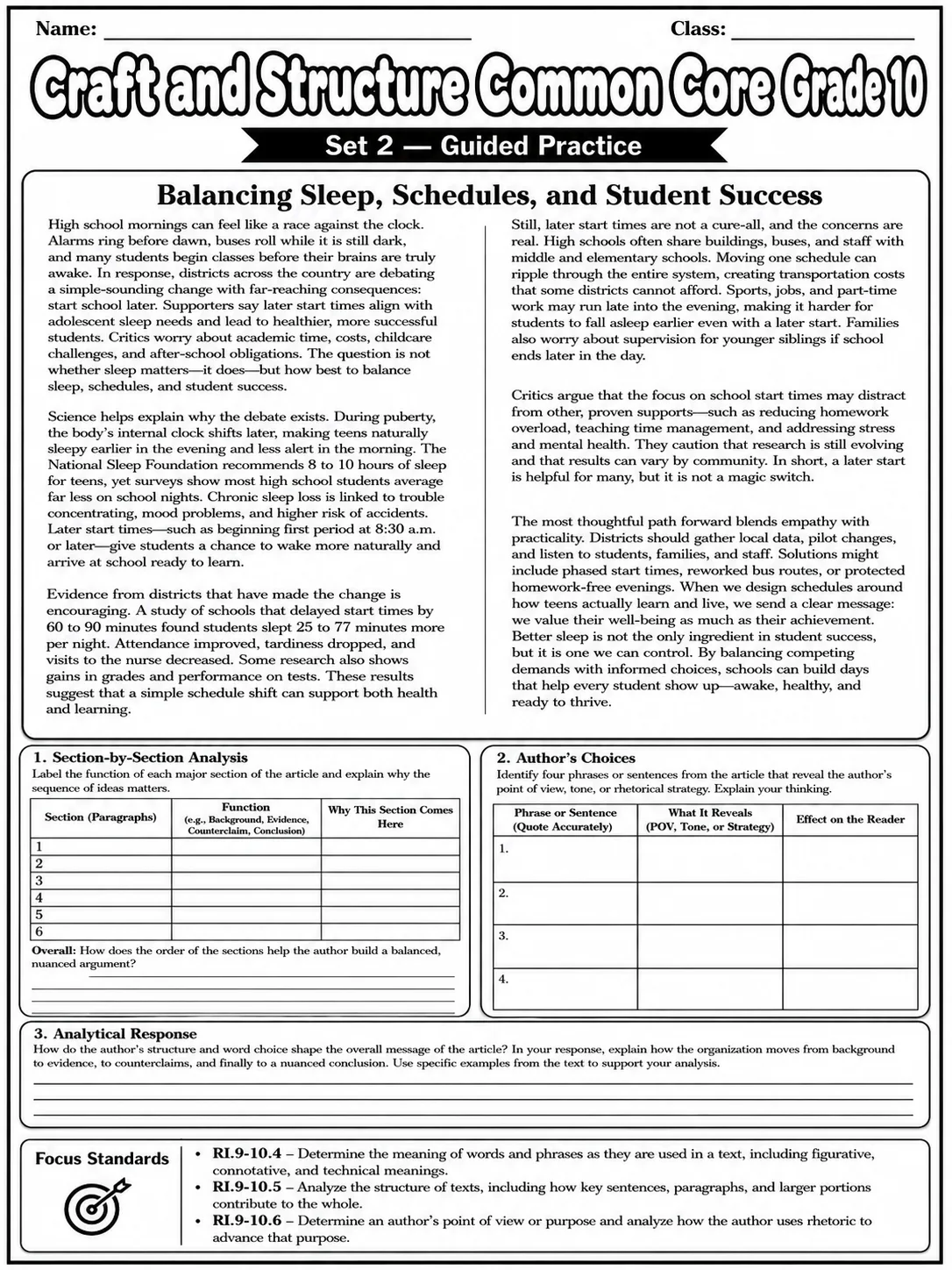 Craft and Structure Common Core Grade 10 page 6 printable Common Core ELA worksheet preview
