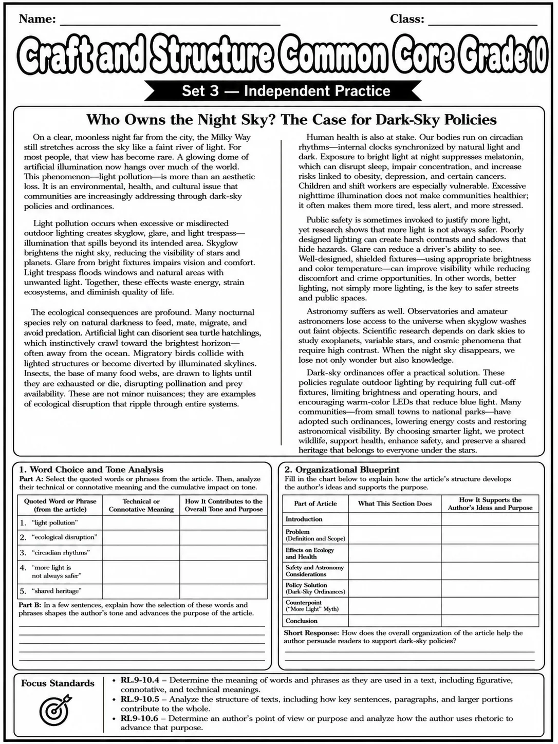 Craft and Structure Common Core Grade 10 page 7 printable Common Core ELA worksheet preview
