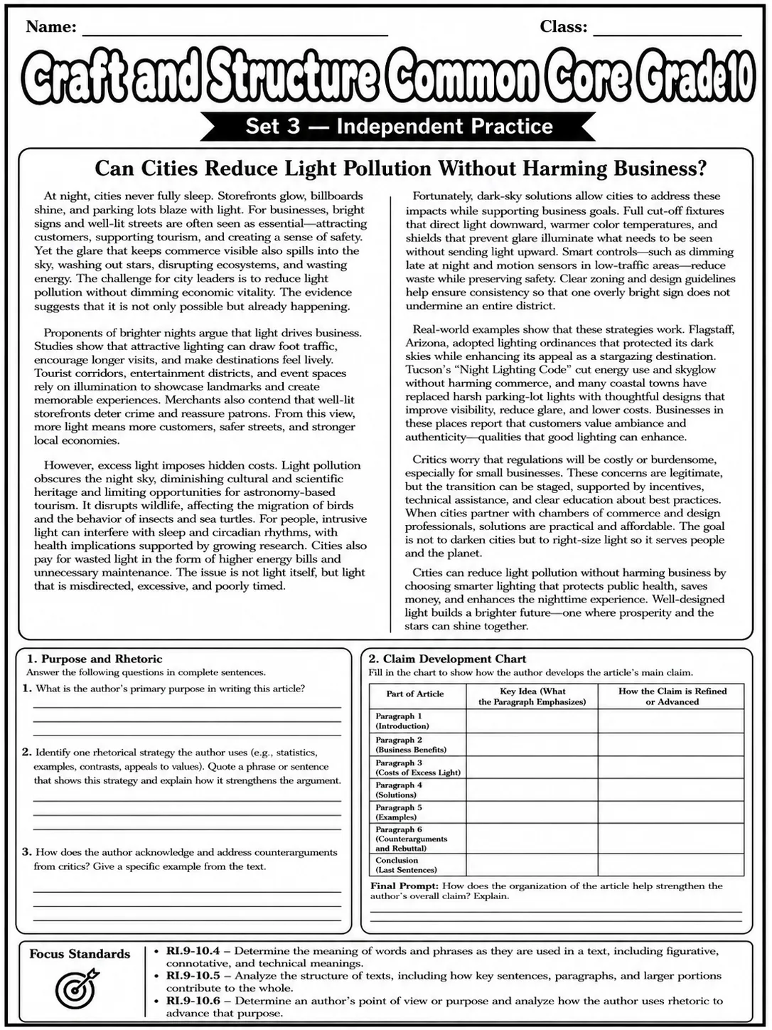 Craft and Structure Common Core Grade 10 page 8 printable Common Core ELA worksheet preview