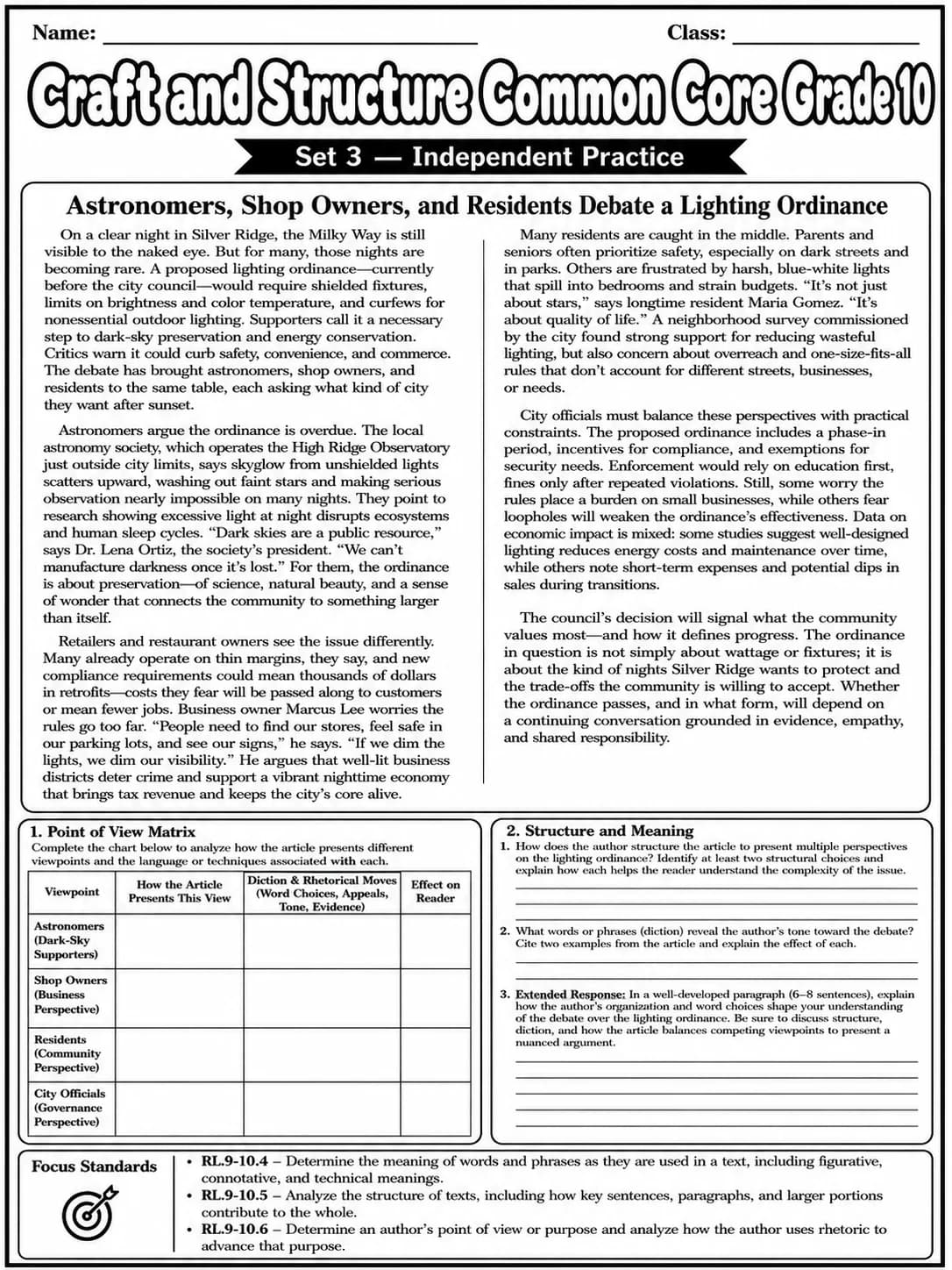 Craft and Structure Common Core Grade 10 page 9 printable Common Core ELA worksheet preview