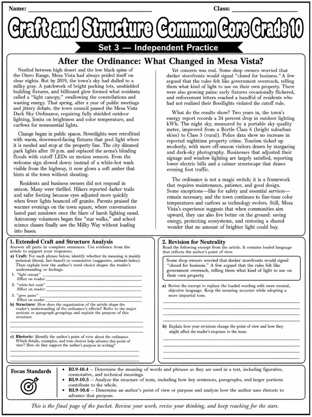 Craft and Structure Common Core Grade 10 page 10 printable Common Core ELA worksheet preview