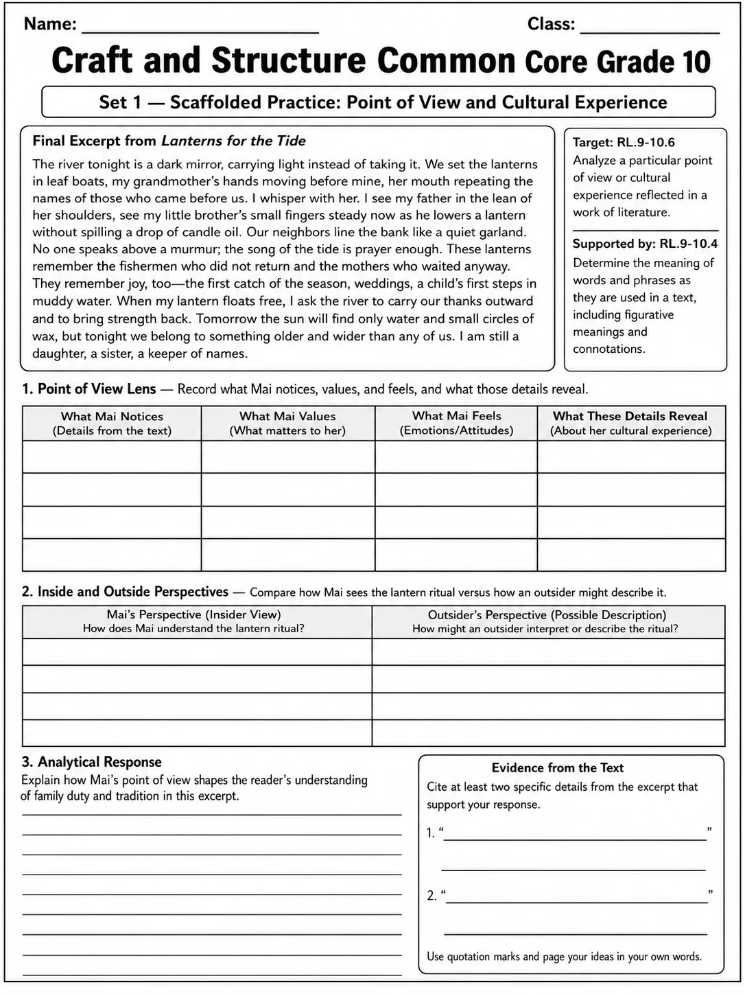 Craft and Structure Common Core Grade 10 page 3 printable Common Core ELA worksheet preview