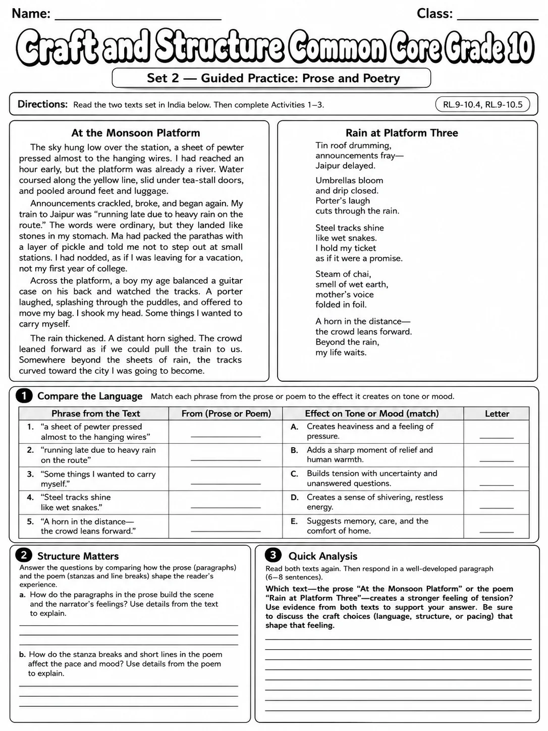 Craft and Structure Common Core Grade 10 page 4 printable Common Core ELA worksheet preview