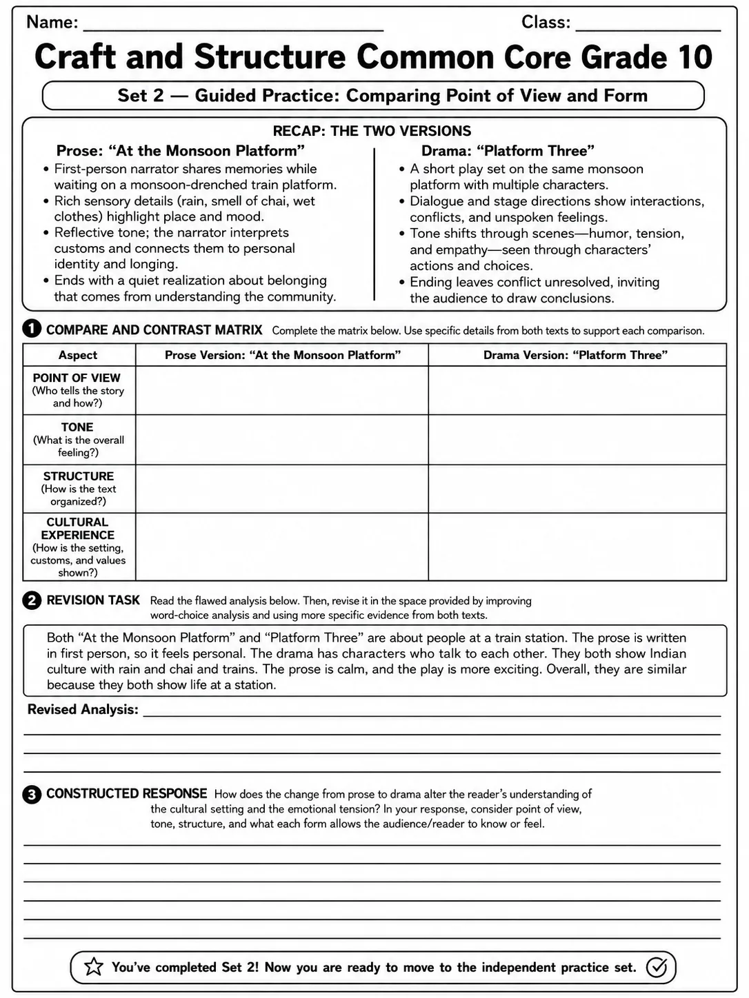 Craft and Structure Common Core Grade 10 page 6 printable Common Core ELA worksheet preview