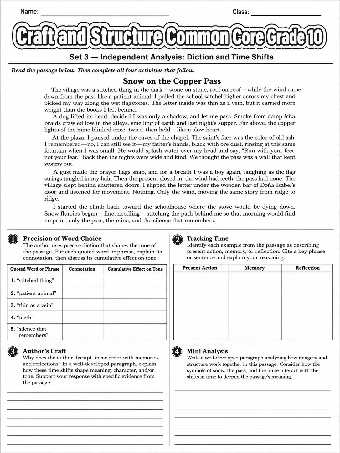 Craft and Structure Common Core Grade 10 page 7 printable Common Core ELA worksheet preview