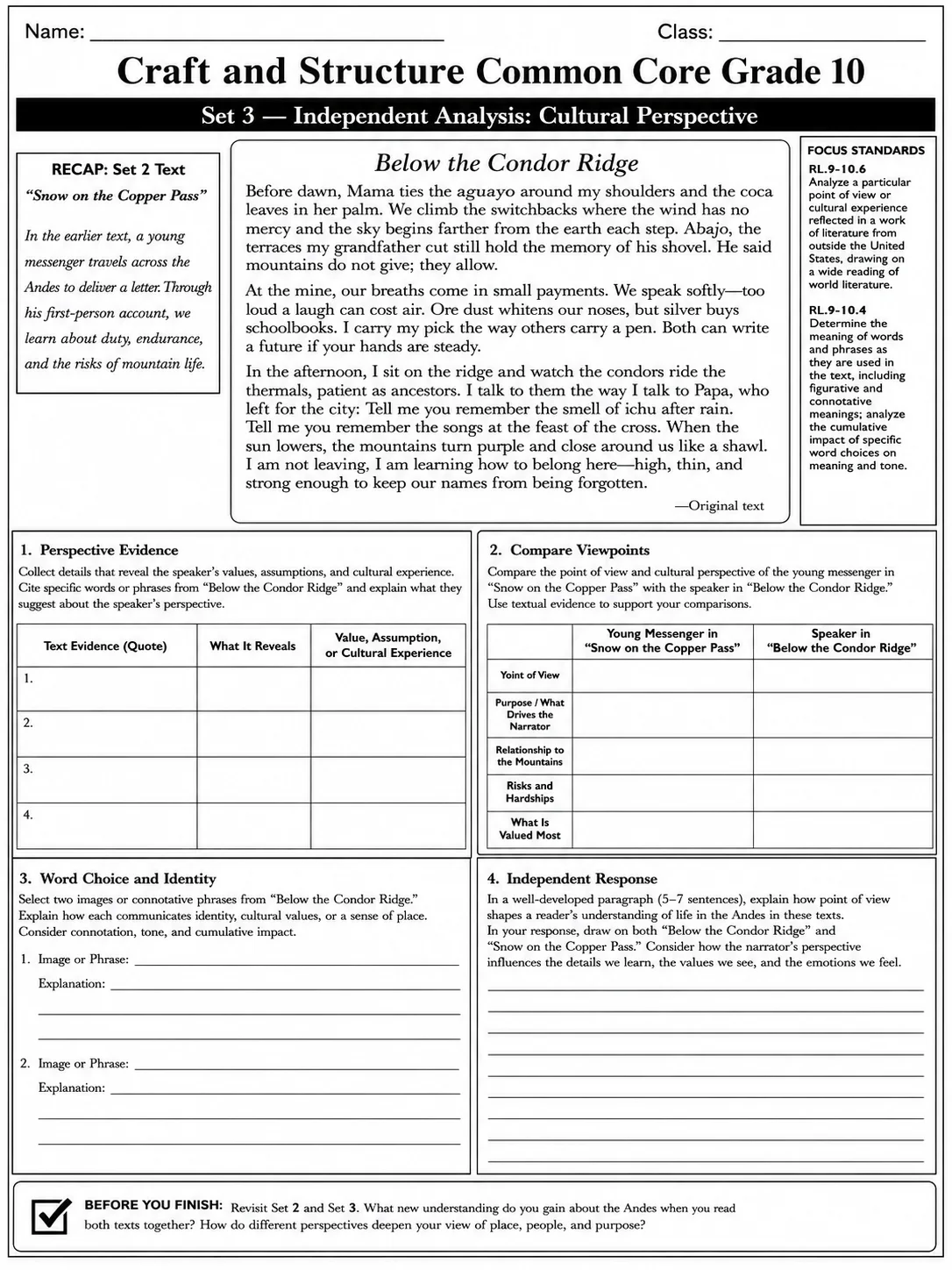 Craft and Structure Common Core Grade 10 page 8 printable Common Core ELA worksheet preview