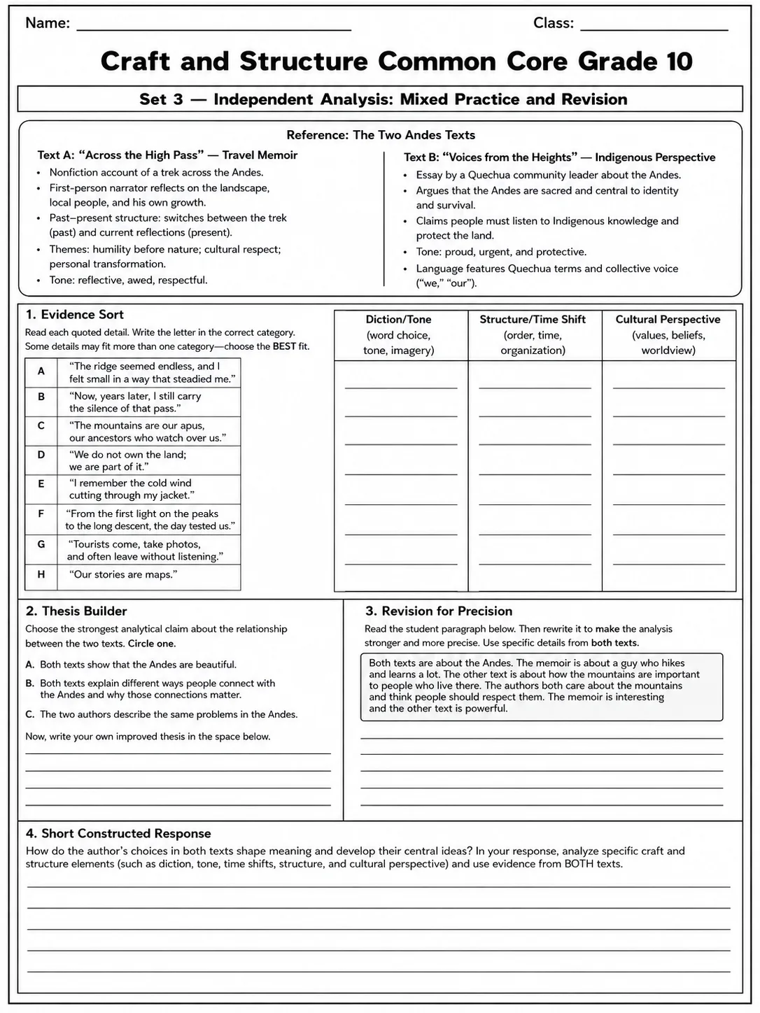 Craft and Structure Common Core Grade 10 page 9 printable Common Core ELA worksheet preview