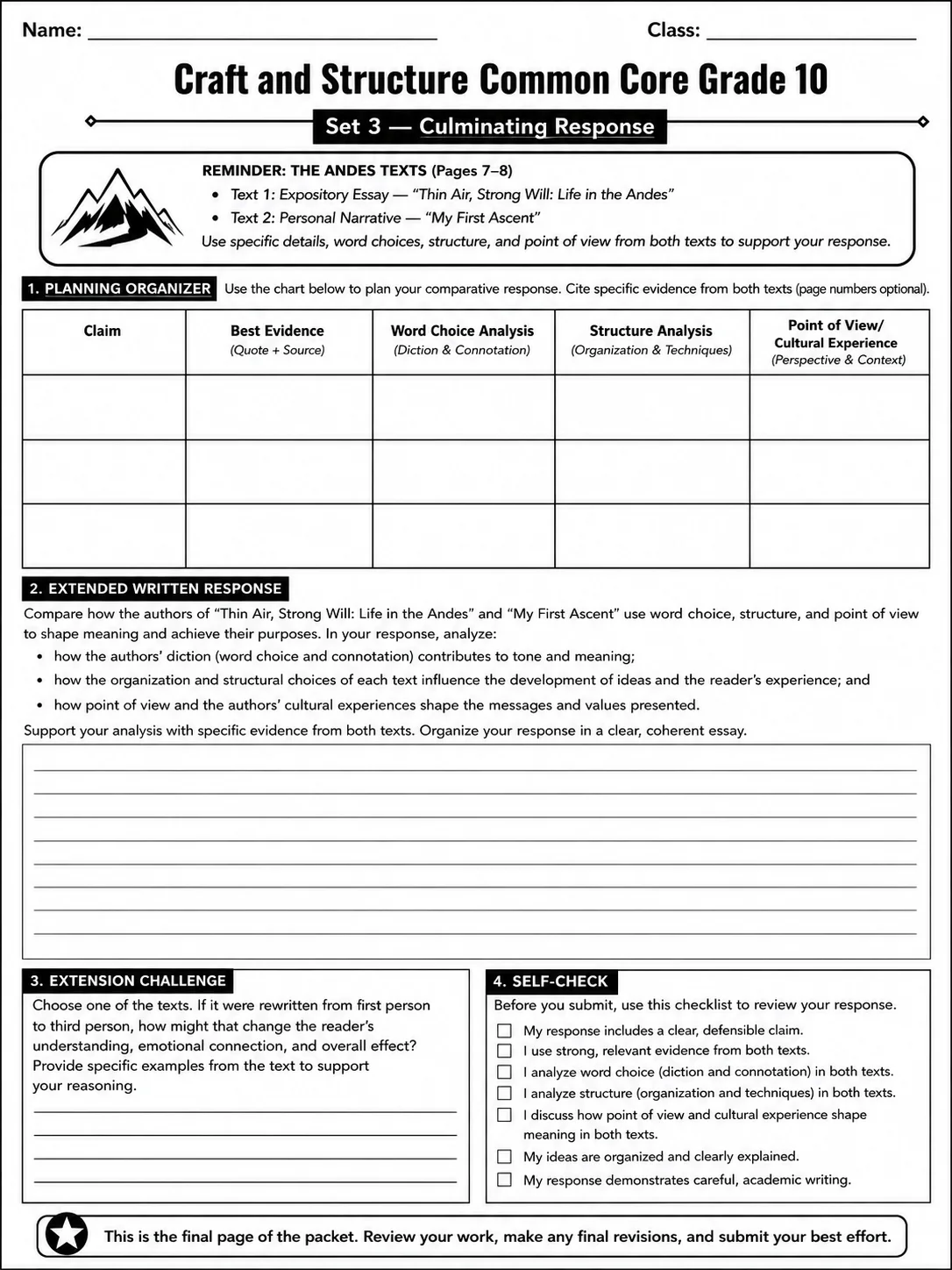Craft and Structure Common Core Grade 10 page 10 printable Common Core ELA worksheet preview