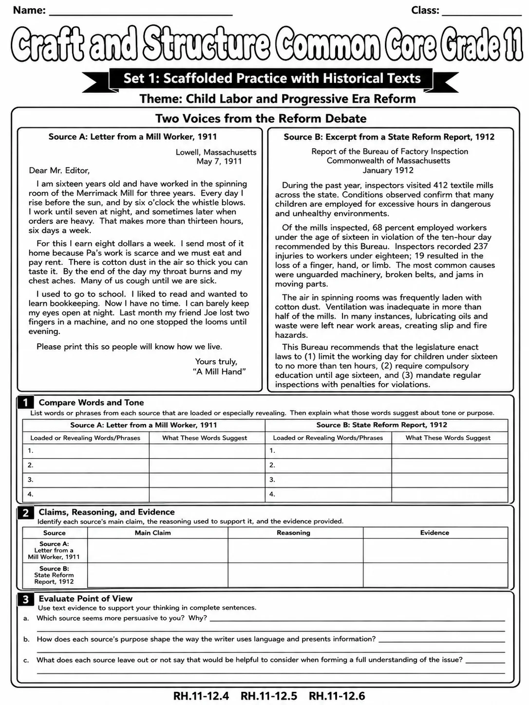 Craft and Structure Common Core Grade 11 page 2 printable Common Core ELA worksheet preview
