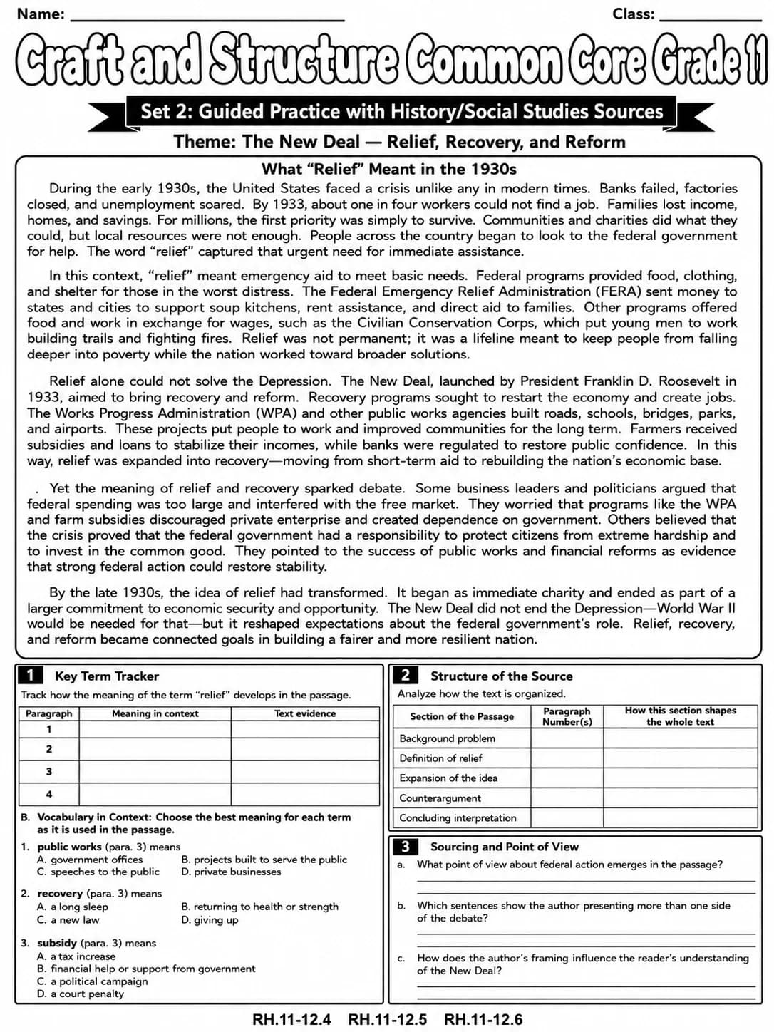 Craft and Structure Common Core Grade 11 page 4 printable Common Core ELA worksheet preview