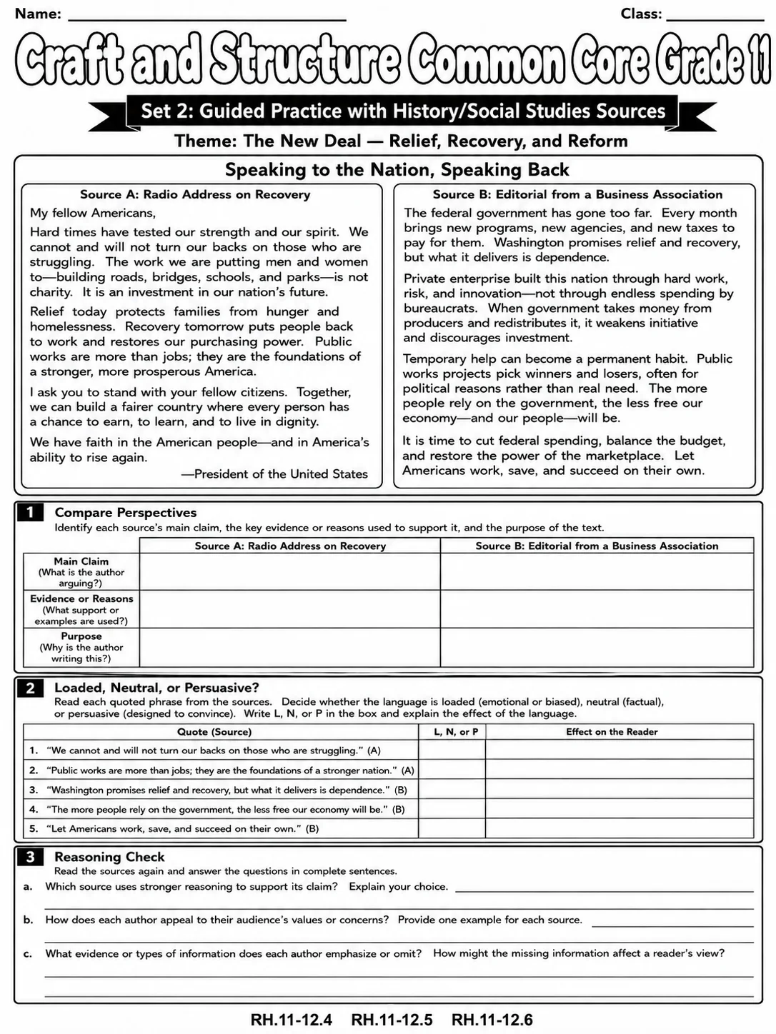 Craft and Structure Common Core Grade 11 page 5 printable Common Core ELA worksheet preview