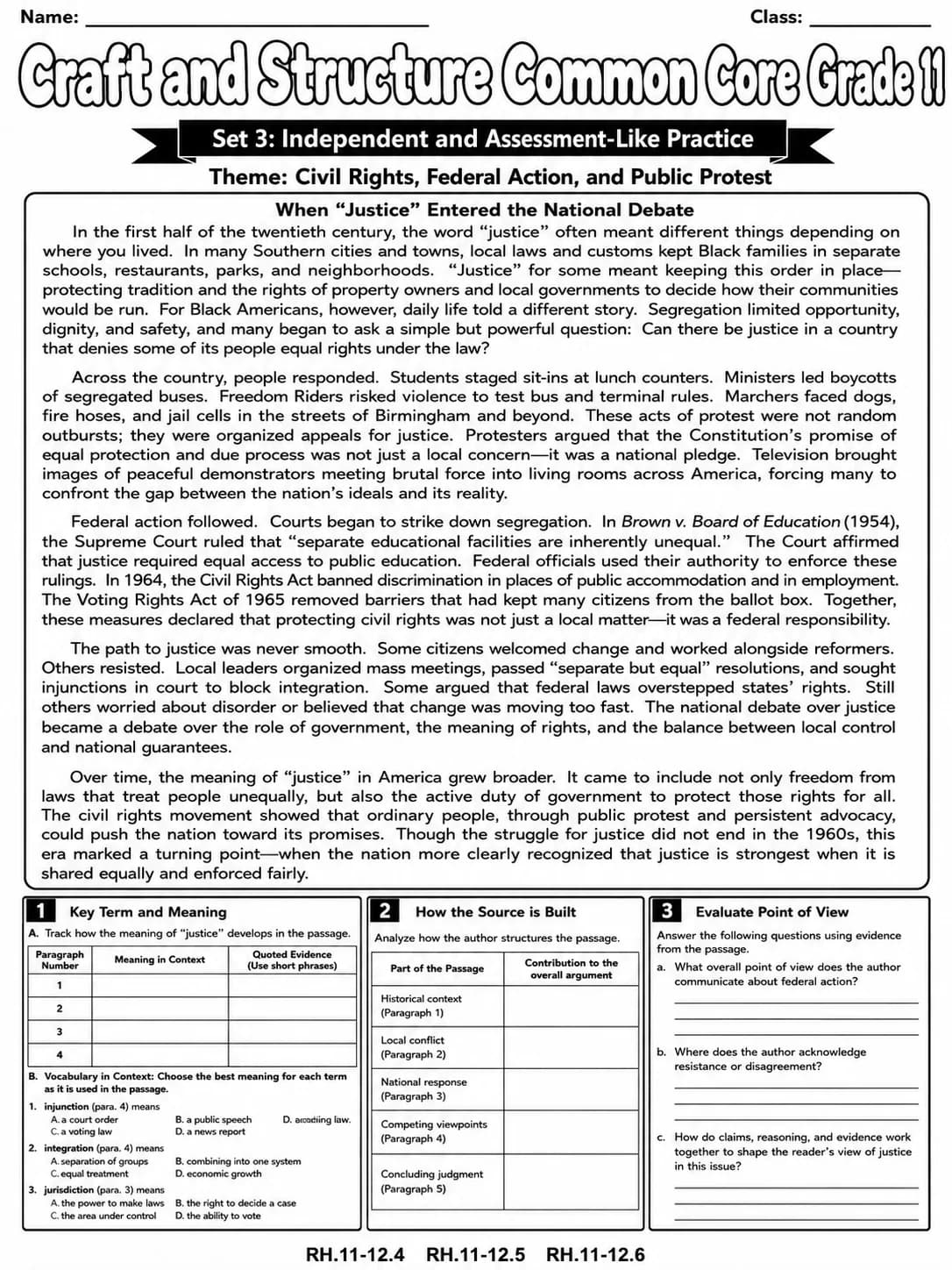 Craft and Structure Common Core Grade 11 page 7 printable Common Core ELA worksheet preview