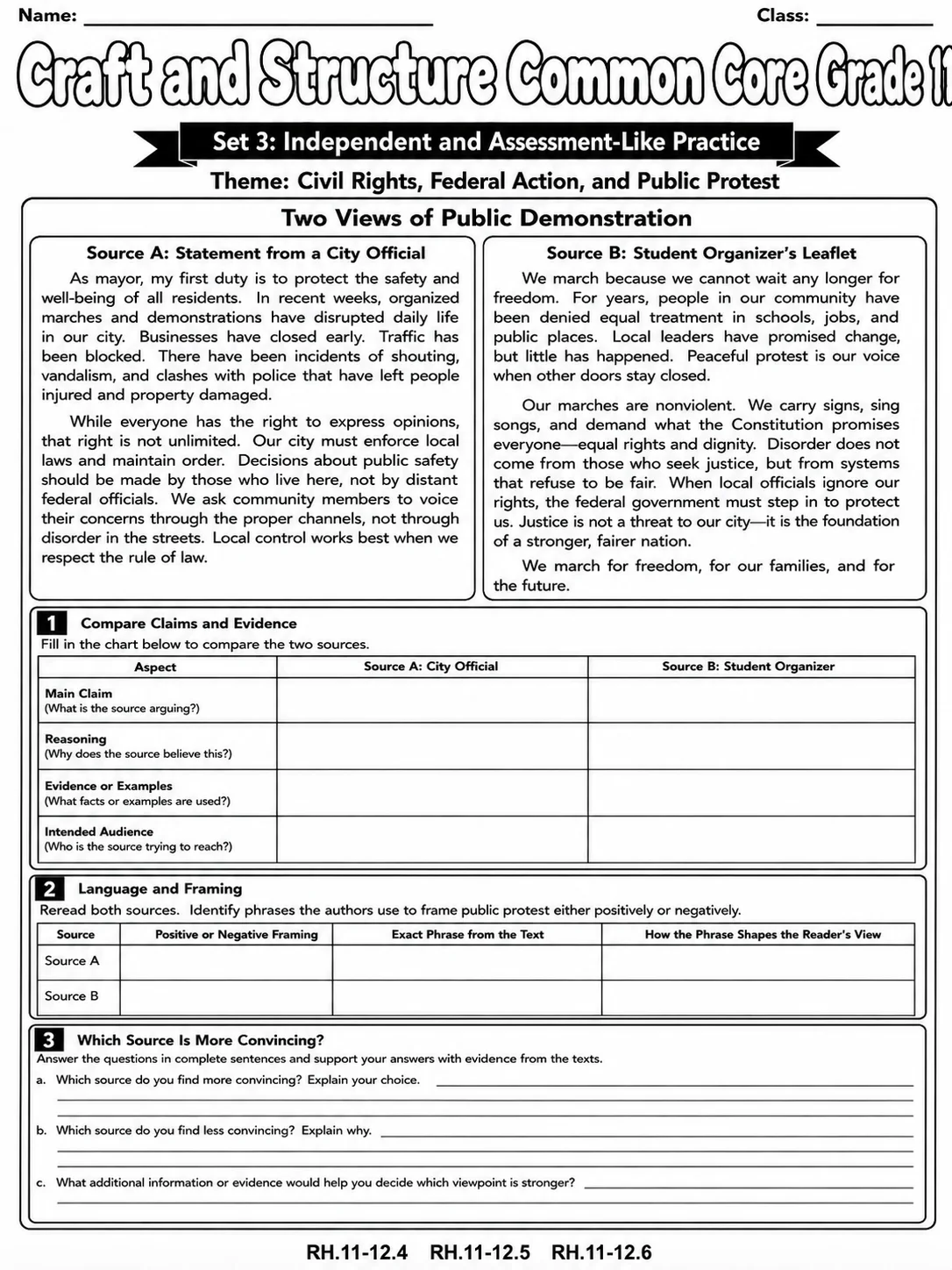 Craft and Structure Common Core Grade 11 page 8 printable Common Core ELA worksheet preview