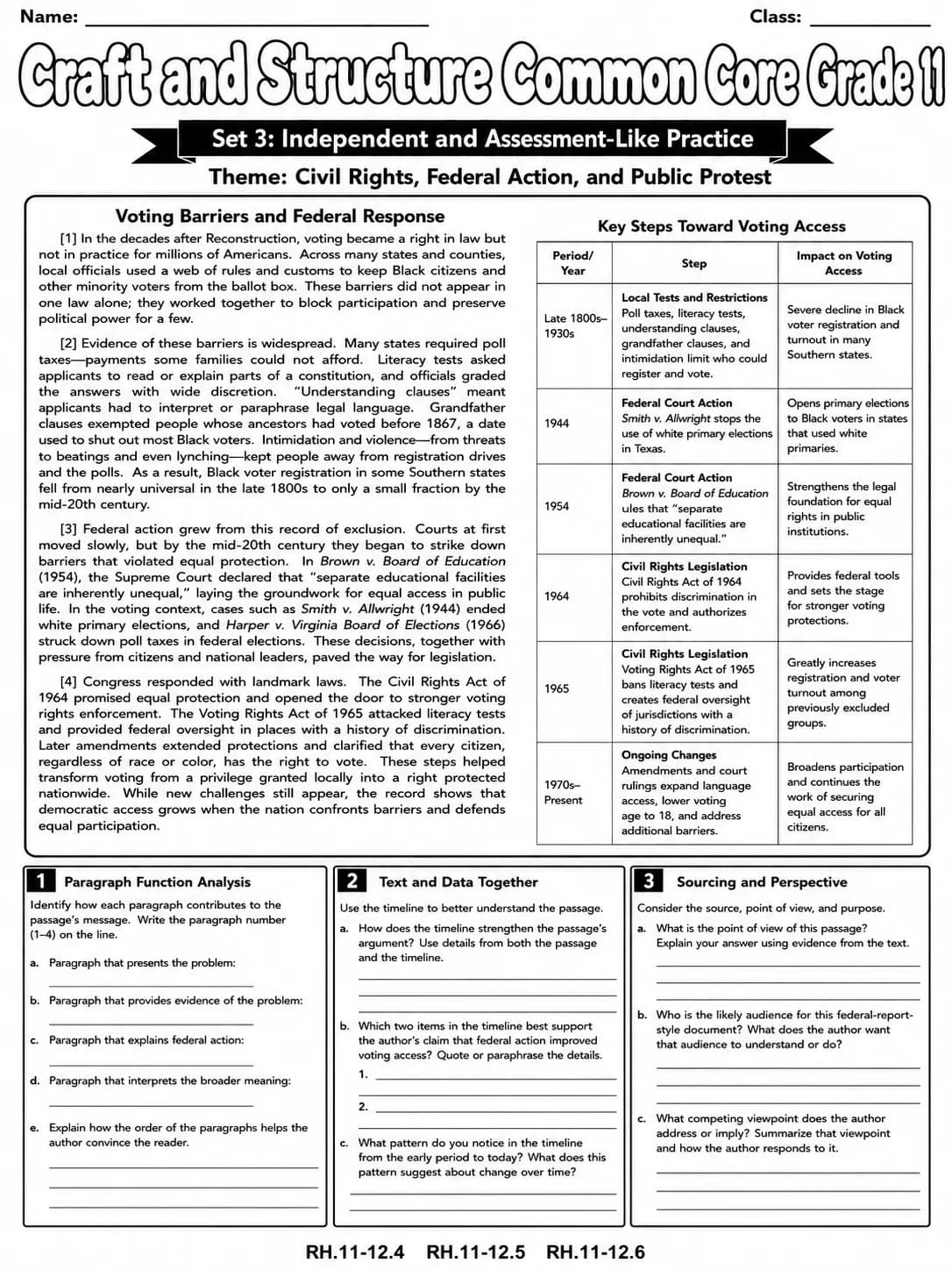 Craft and Structure Common Core Grade 11 page 9 printable Common Core ELA worksheet preview