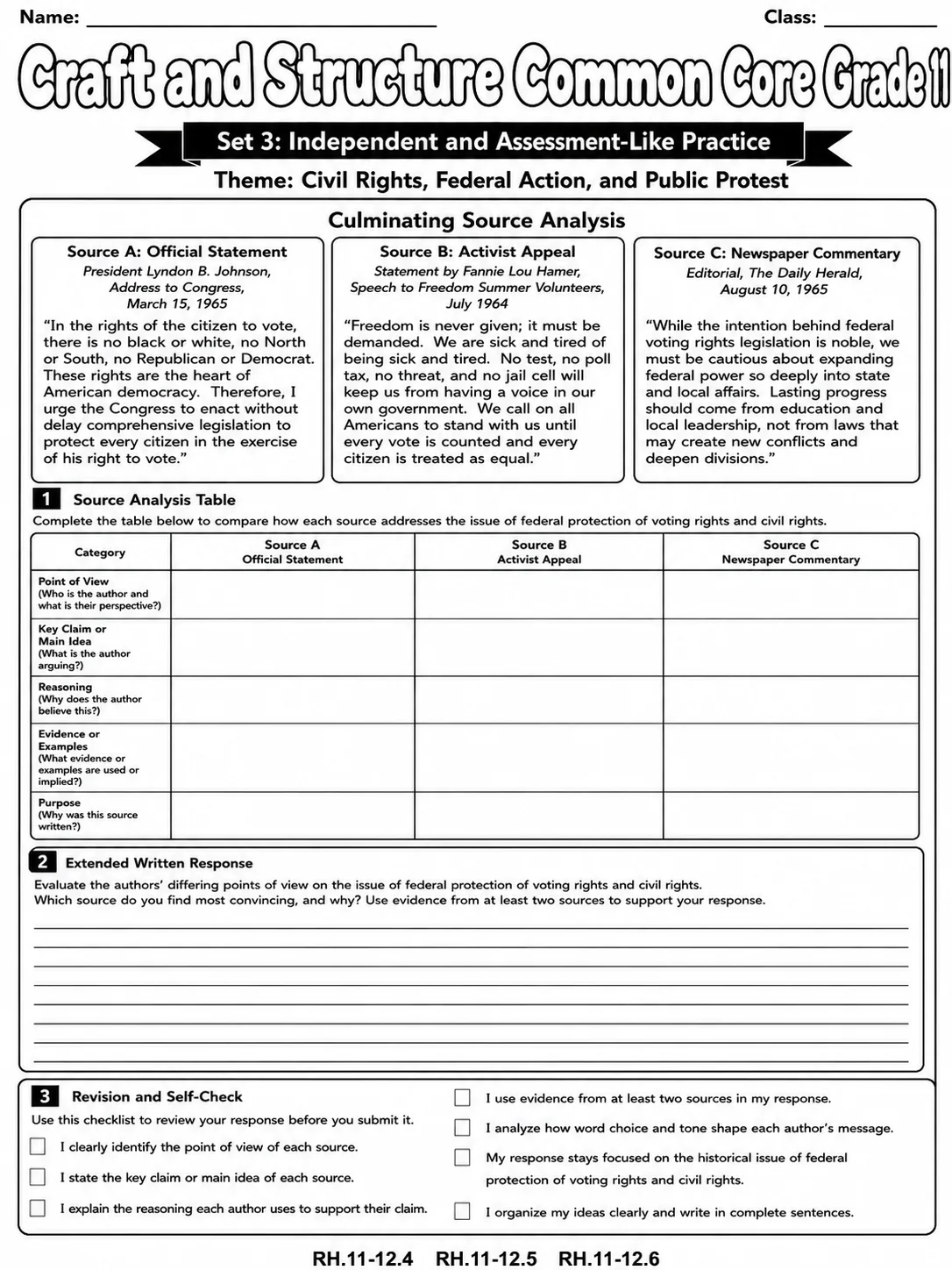 Craft and Structure Common Core Grade 11 page 10 printable Common Core ELA worksheet preview