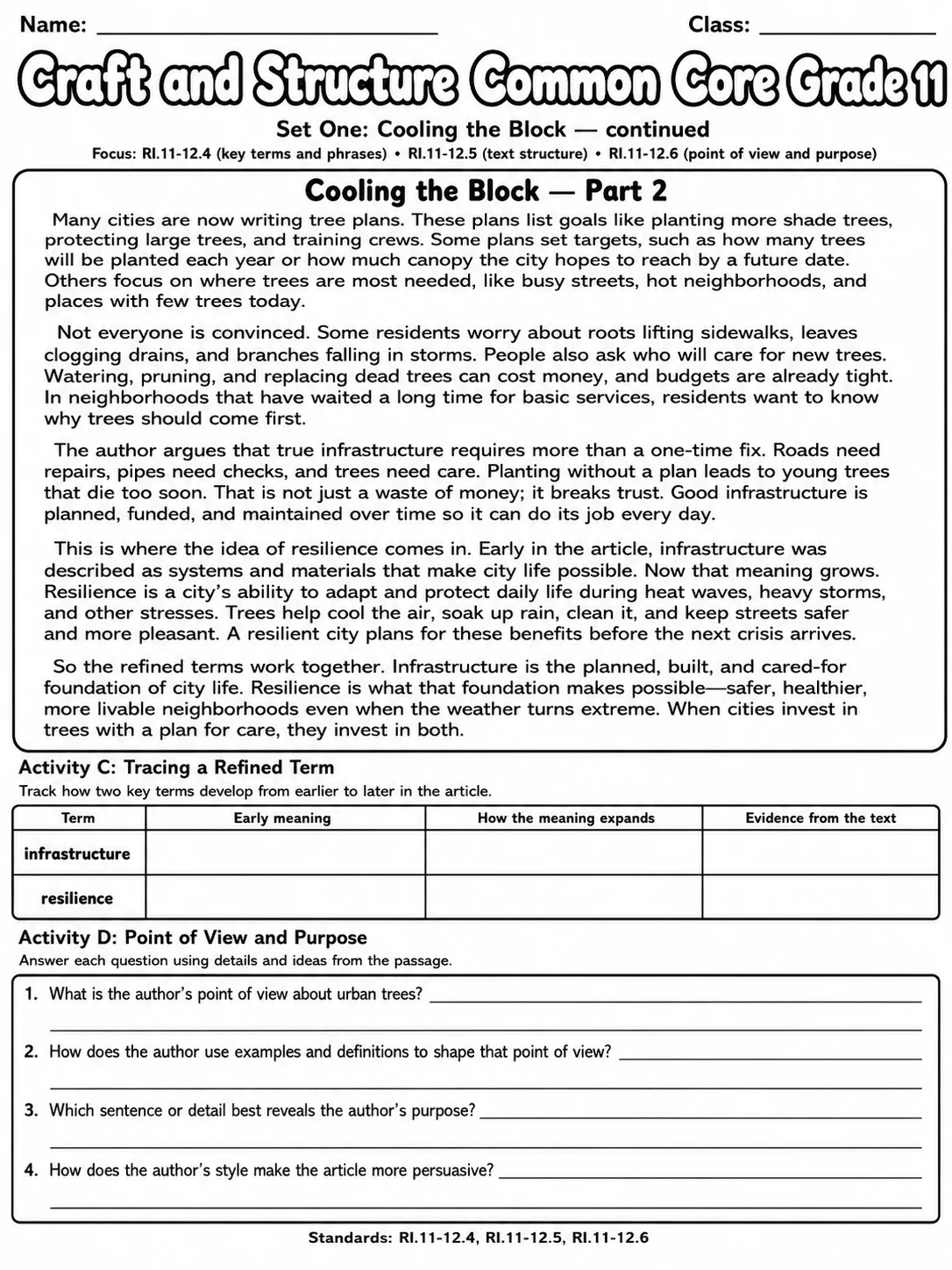Craft and Structure Common Core Grade 11 page 2 printable Common Core ELA worksheet preview