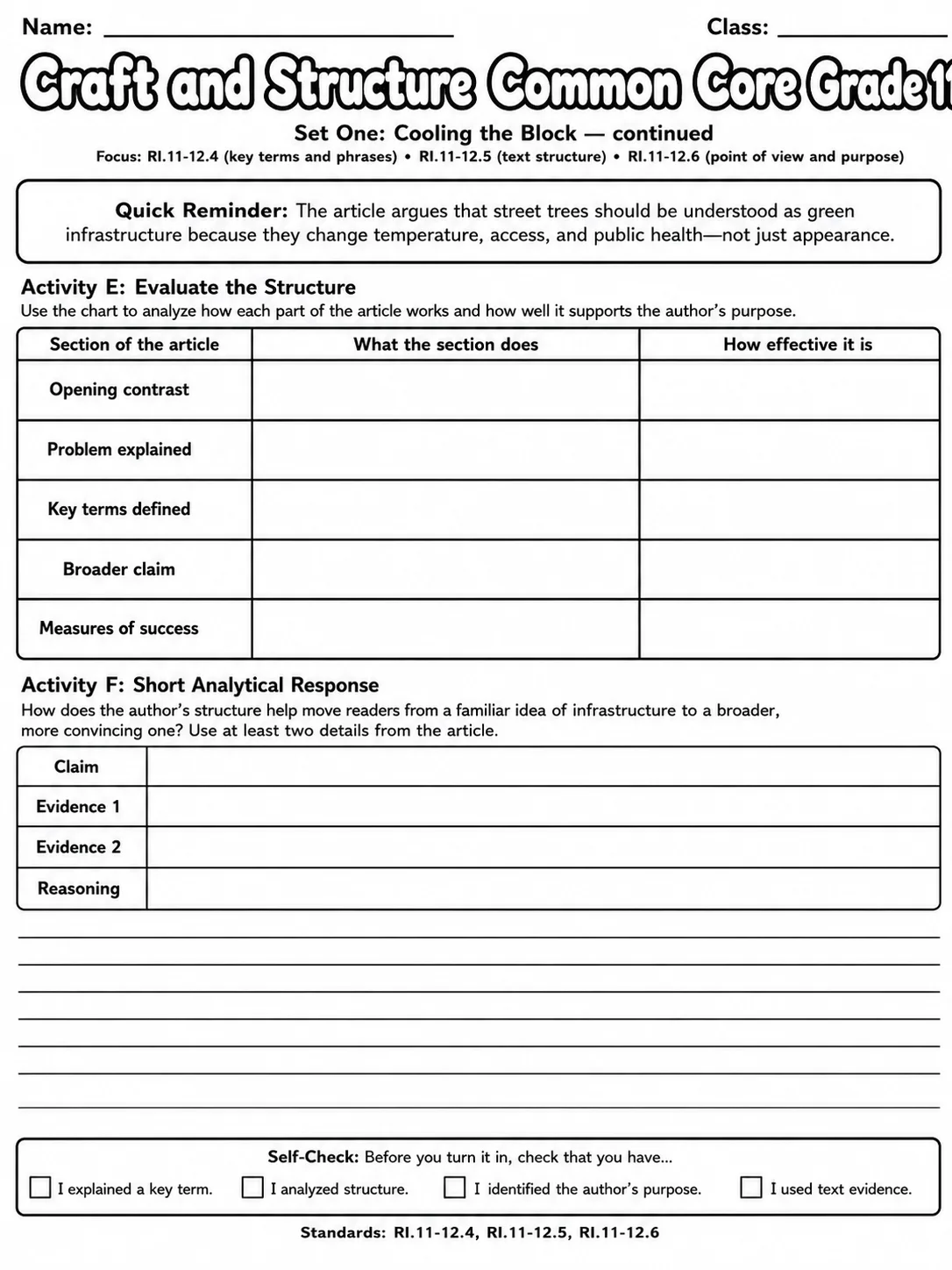 Craft and Structure Common Core Grade 11 page 3 printable Common Core ELA worksheet preview