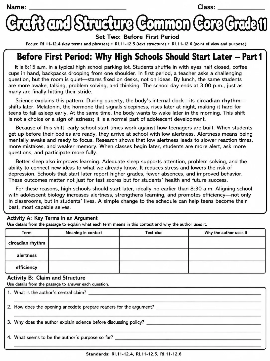 Craft and Structure Common Core Grade 11 page 4 printable Common Core ELA worksheet preview
