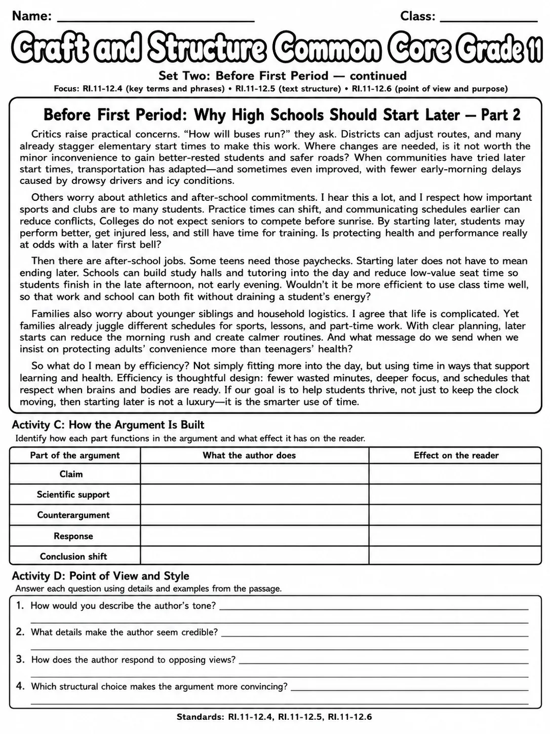 Craft and Structure Common Core Grade 11 page 5 printable Common Core ELA worksheet preview