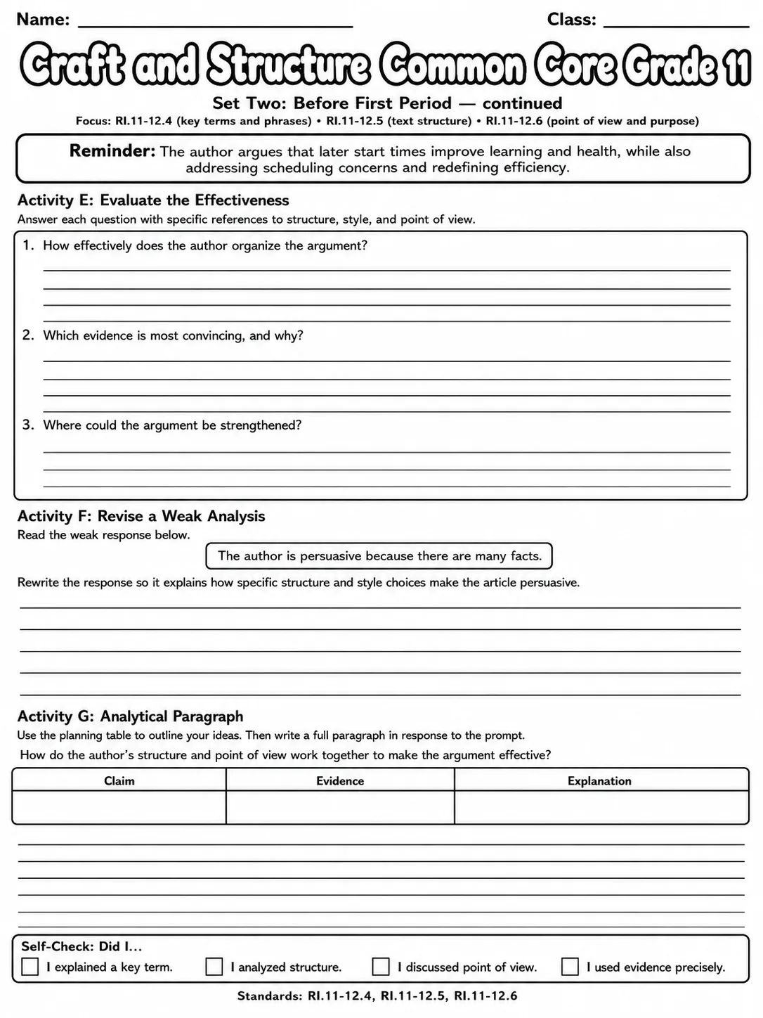 Craft and Structure Common Core Grade 11 page 6 printable Common Core ELA worksheet preview