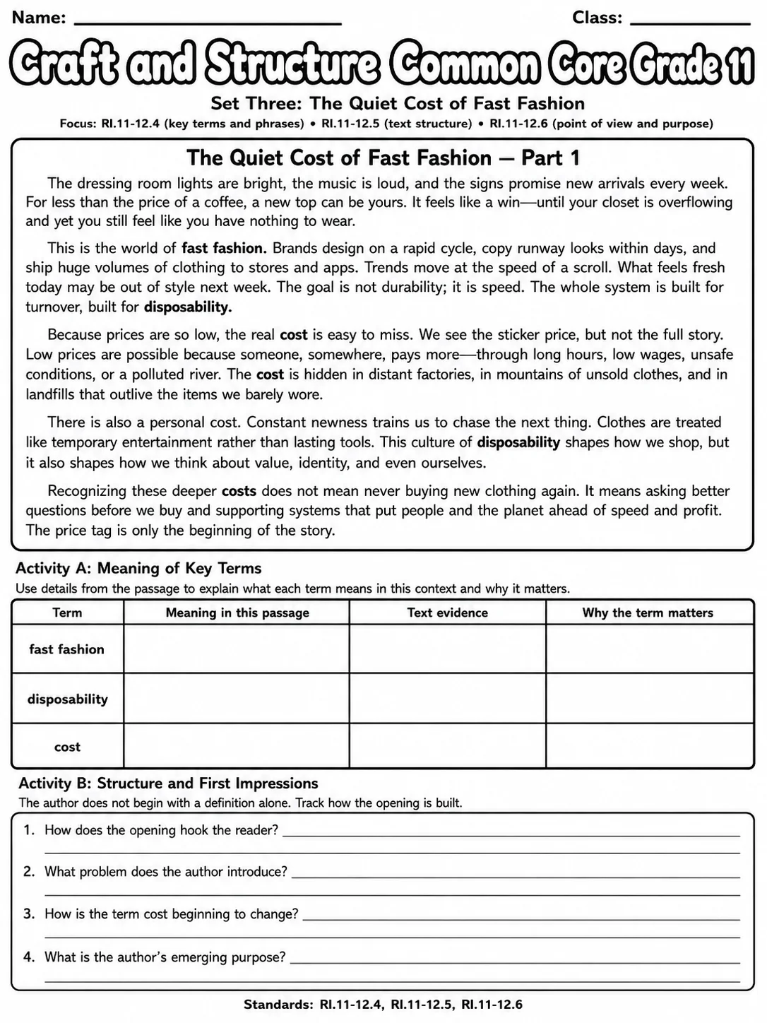 Craft and Structure Common Core Grade 11 page 7 printable Common Core ELA worksheet preview