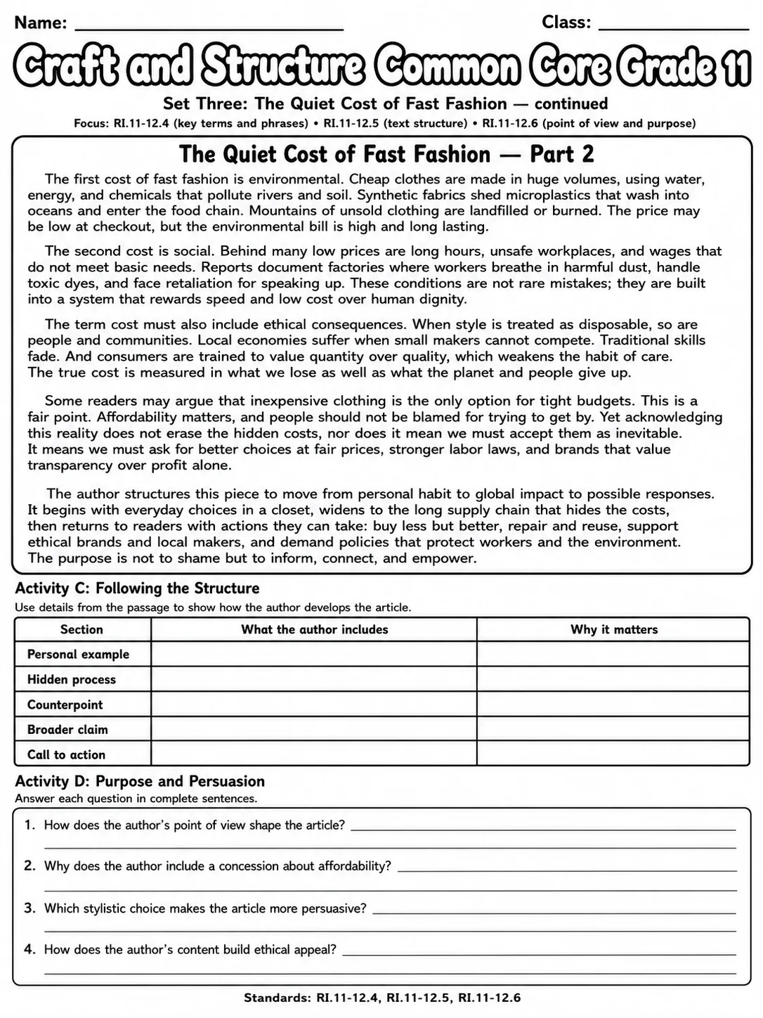 Craft and Structure Common Core Grade 11 page 8 printable Common Core ELA worksheet preview