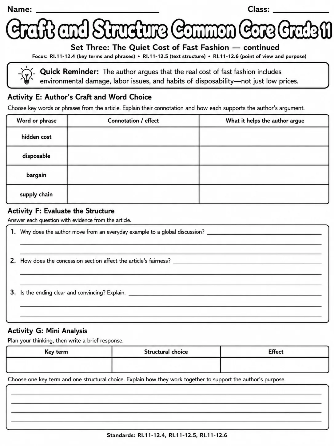 Craft and Structure Common Core Grade 11 page 9 printable Common Core ELA worksheet preview