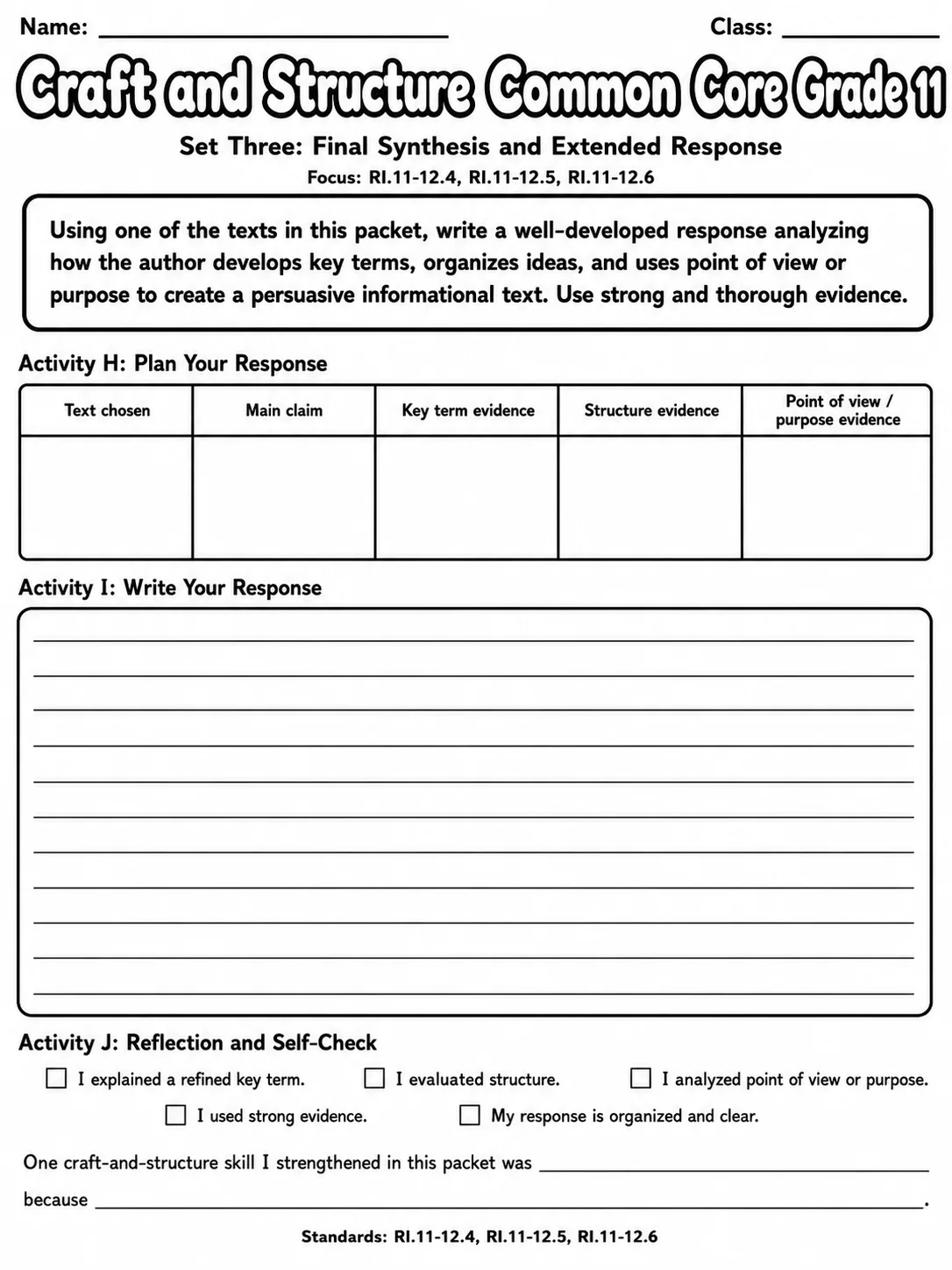 Craft and Structure Common Core Grade 11 page 10 printable Common Core ELA worksheet preview