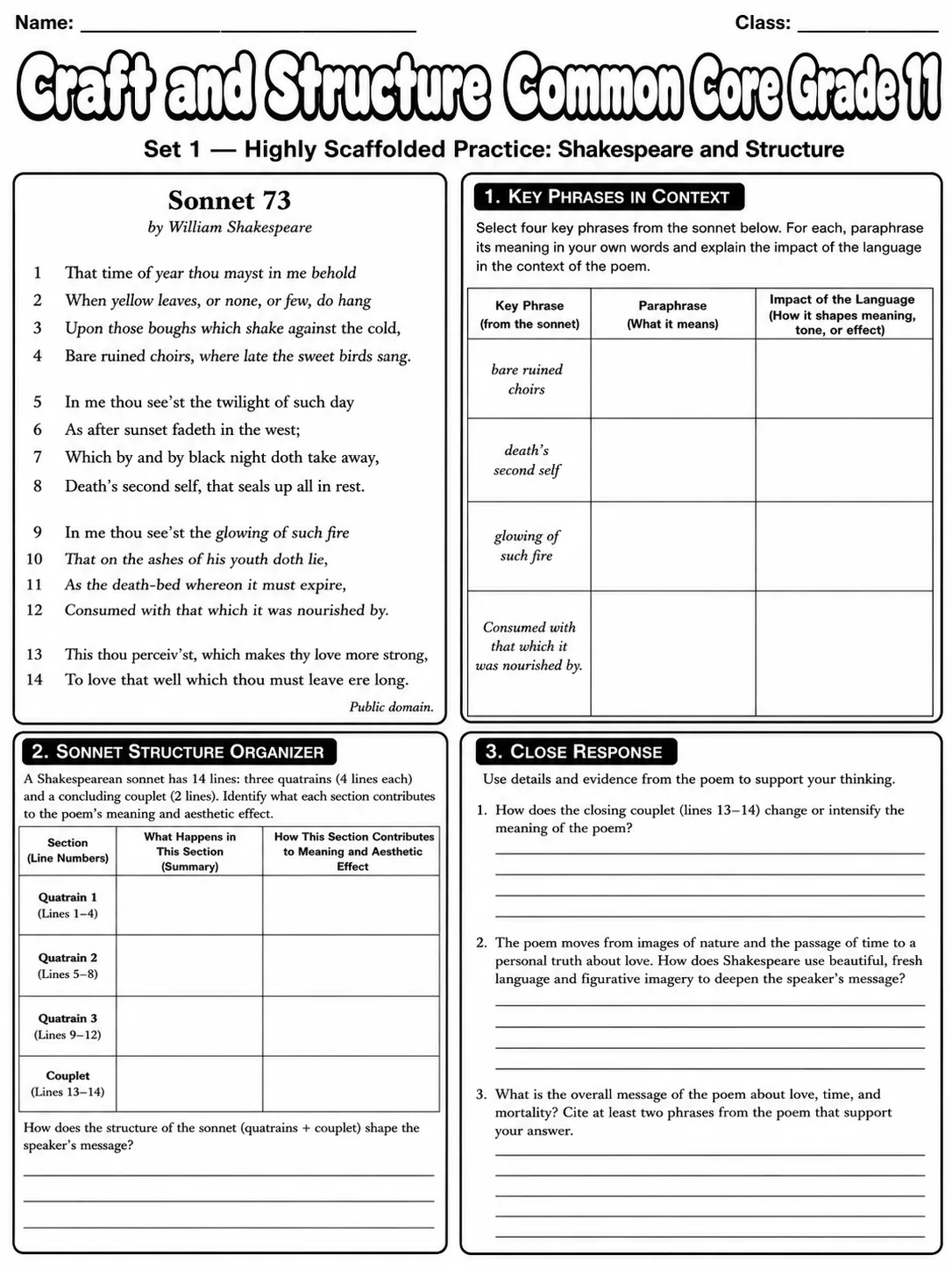Craft and Structure Common Core Grade 11 page 2 printable Common Core ELA worksheet preview