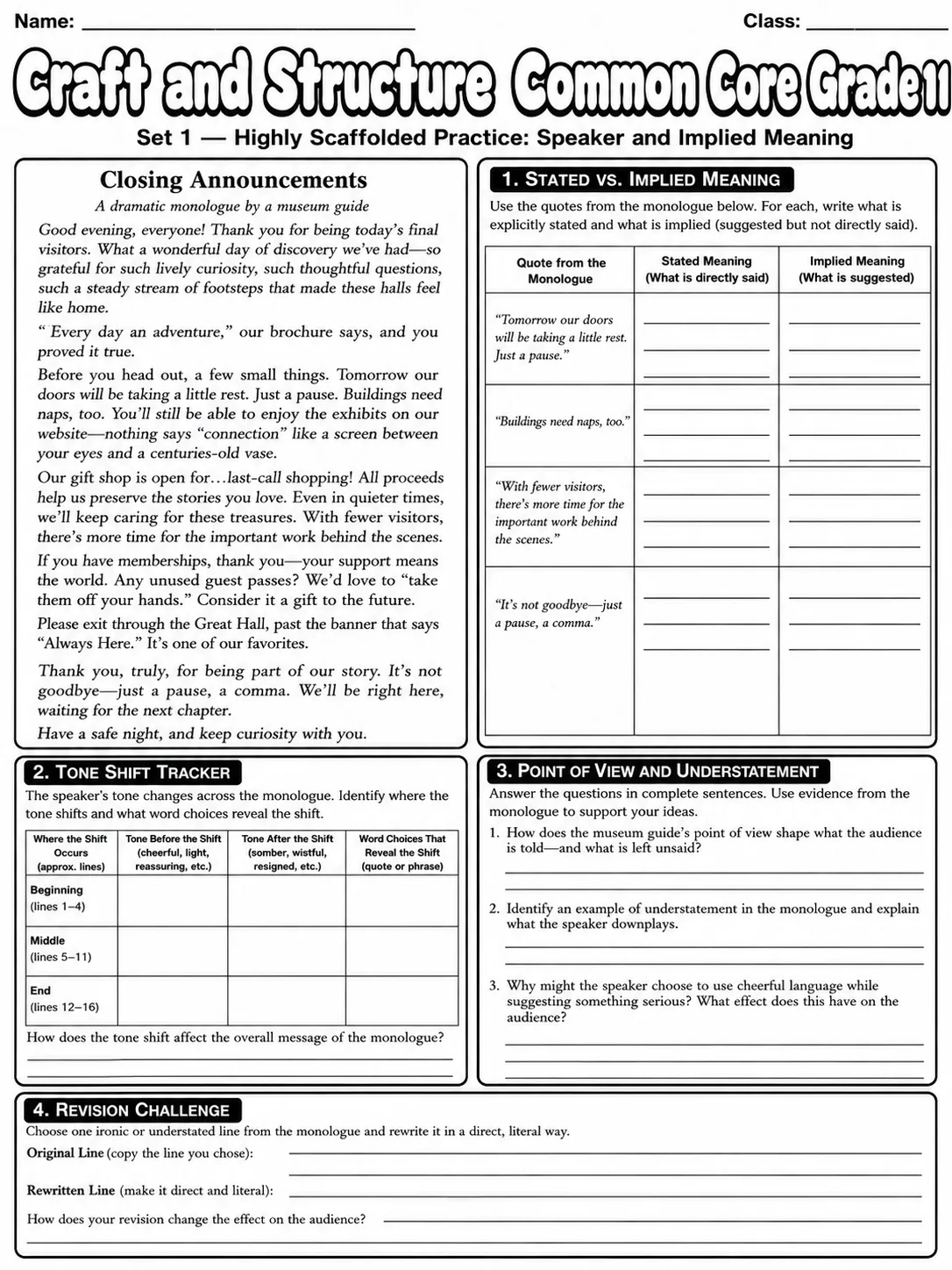 Craft and Structure Common Core Grade 11 page 3 printable Common Core ELA worksheet preview