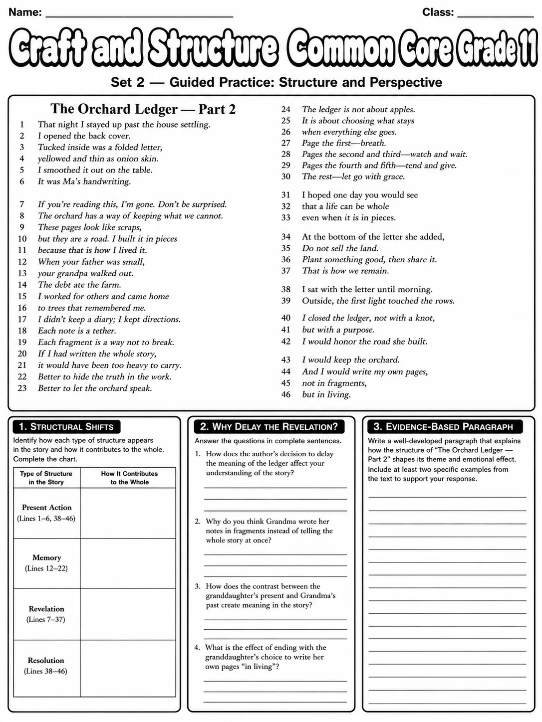 Craft and Structure Common Core Grade 11 page 5 printable Common Core ELA worksheet preview