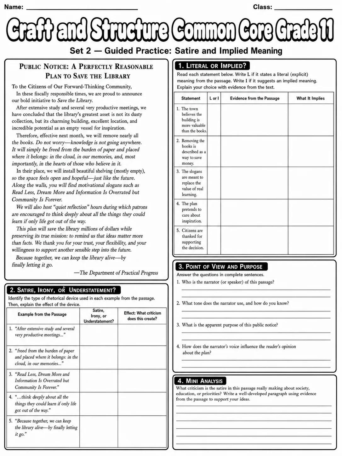 Craft and Structure Common Core Grade 11 page 6 printable Common Core ELA worksheet preview