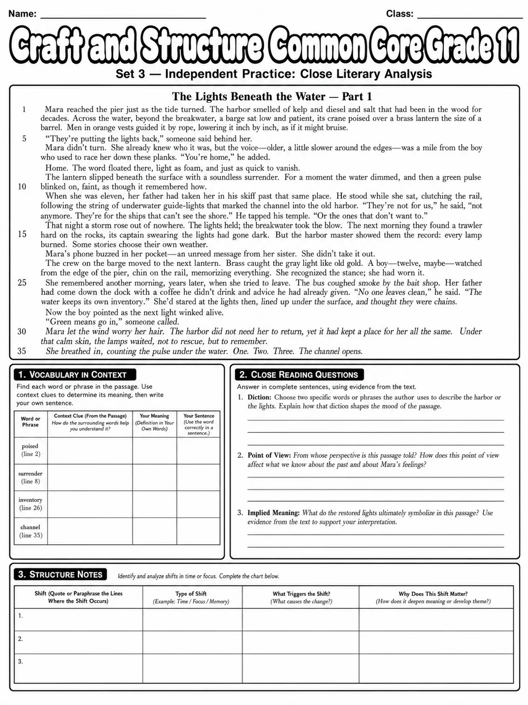 Craft and Structure Common Core Grade 11 page 7 printable Common Core ELA worksheet preview