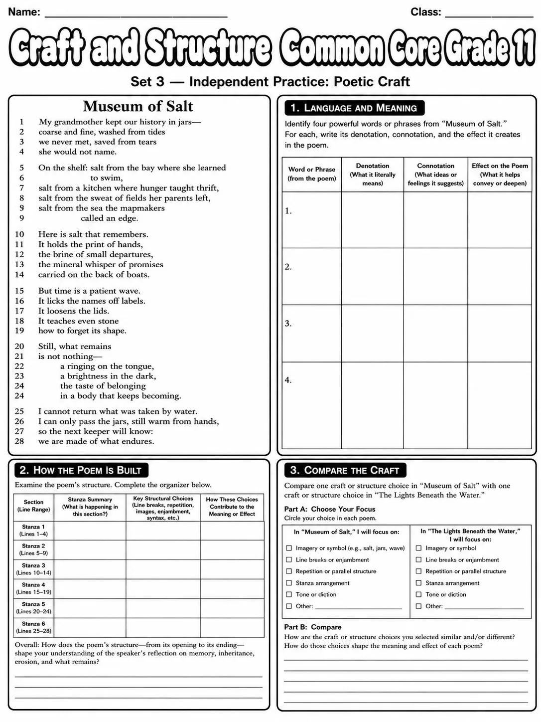 Craft and Structure Common Core Grade 11 page 9 printable Common Core ELA worksheet preview